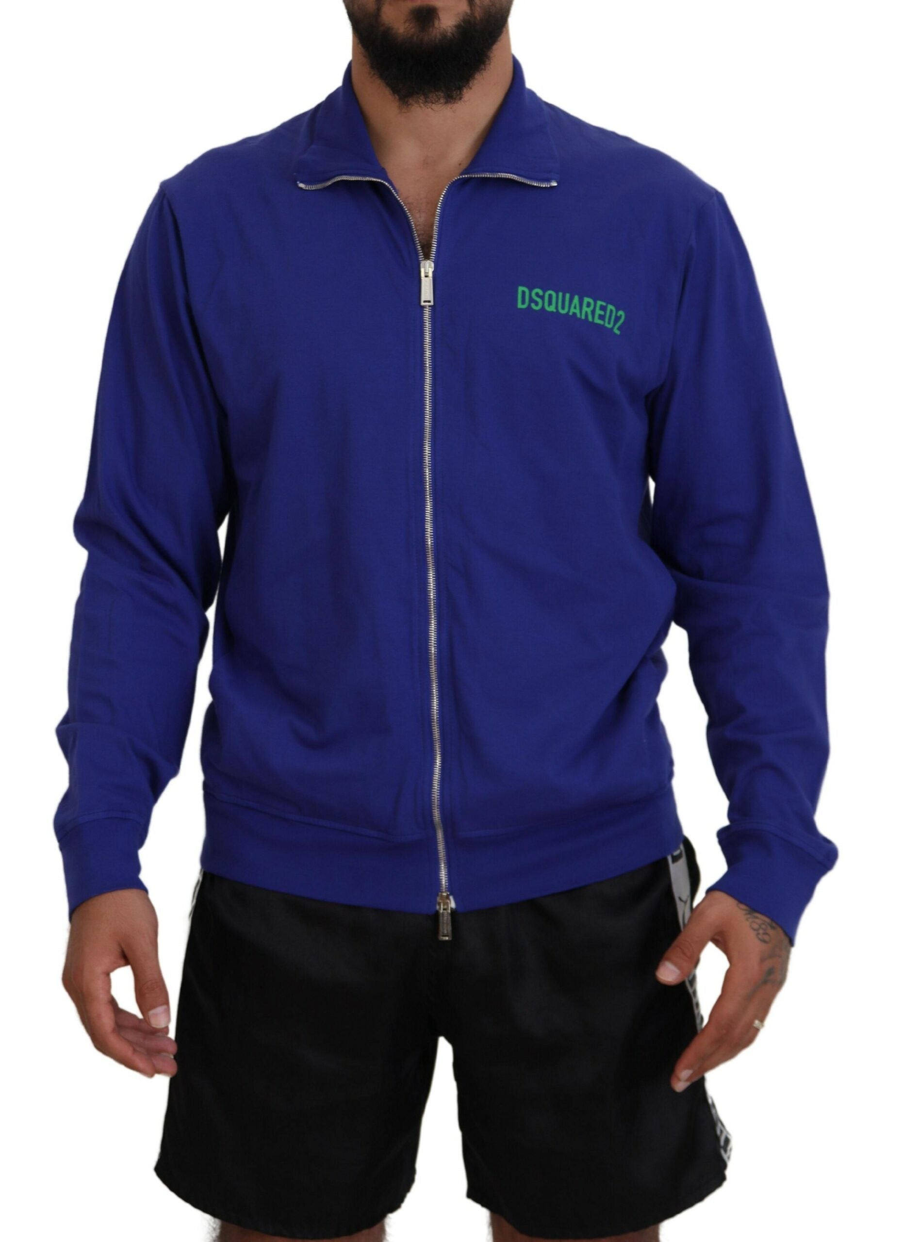 Blauer Baumwollpullover mit durchgehendem Reißverschluss, Kragen und Logoaufdruck