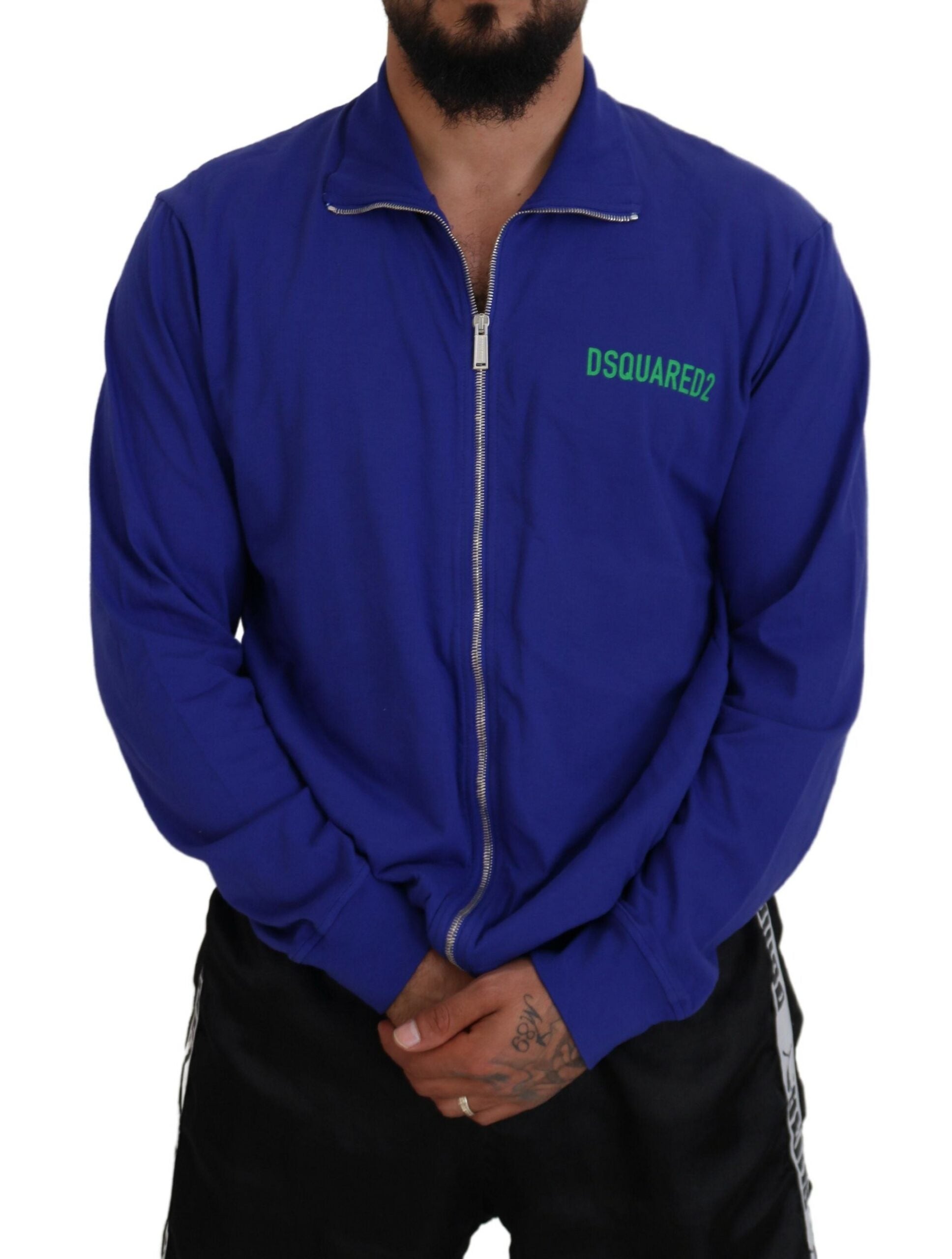 Pull homme bleu en coton imprimé à col zippé
