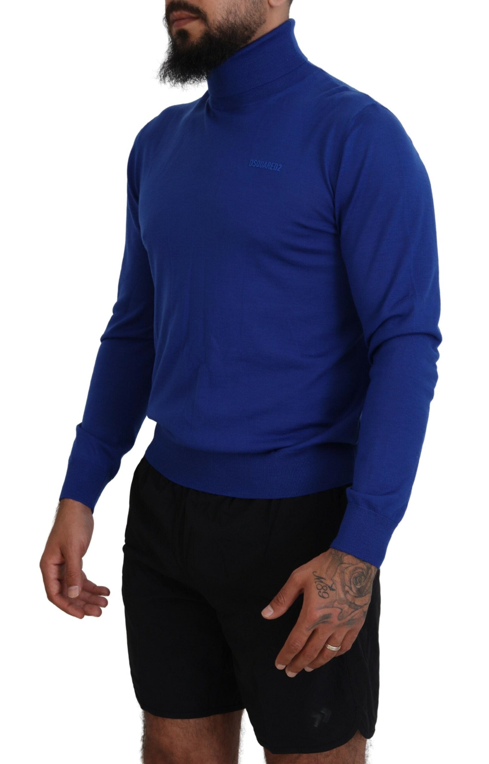 Blauer Rollkragenpullover aus Wolle mit Logoprint