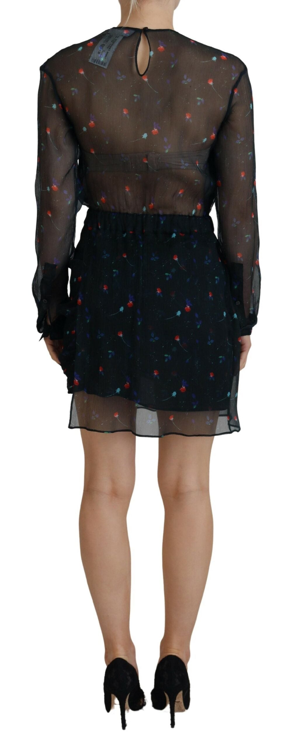 Black Floral Silk Mini Sheath Dress with Long Sleeves