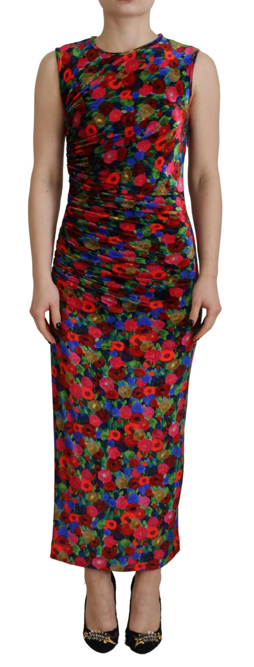 Robe maxi moulante à fleurs multicolores et fronces