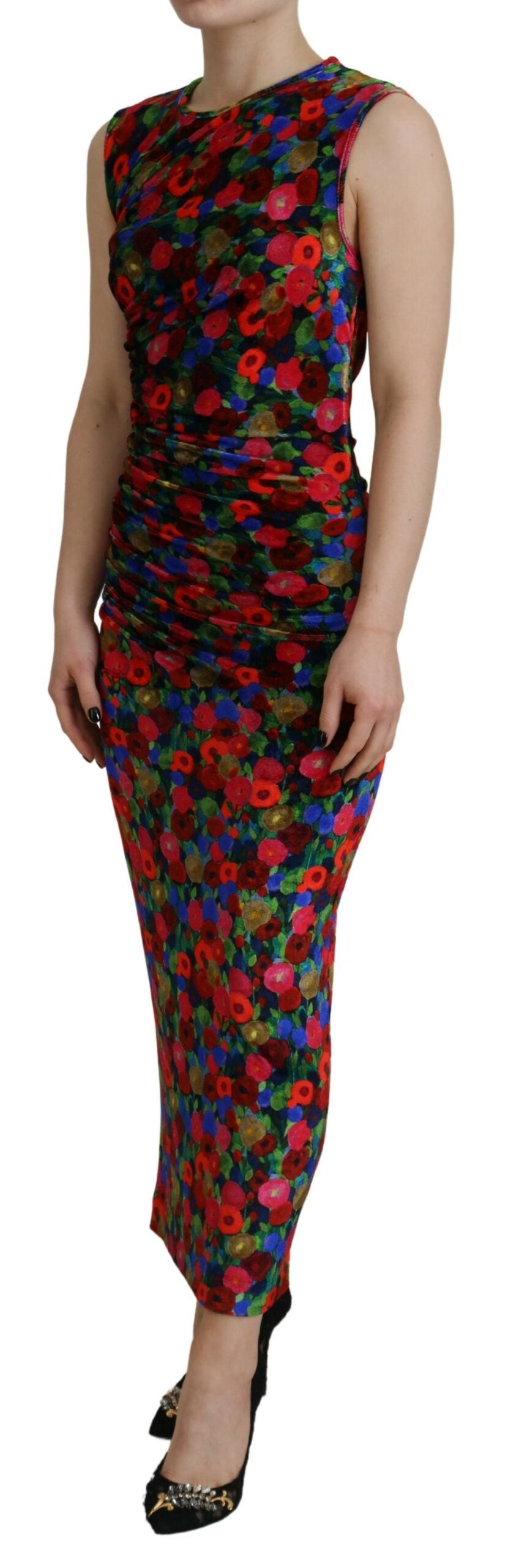Multicolor Floral Synthetic Maxi Dress with Ruched Detail