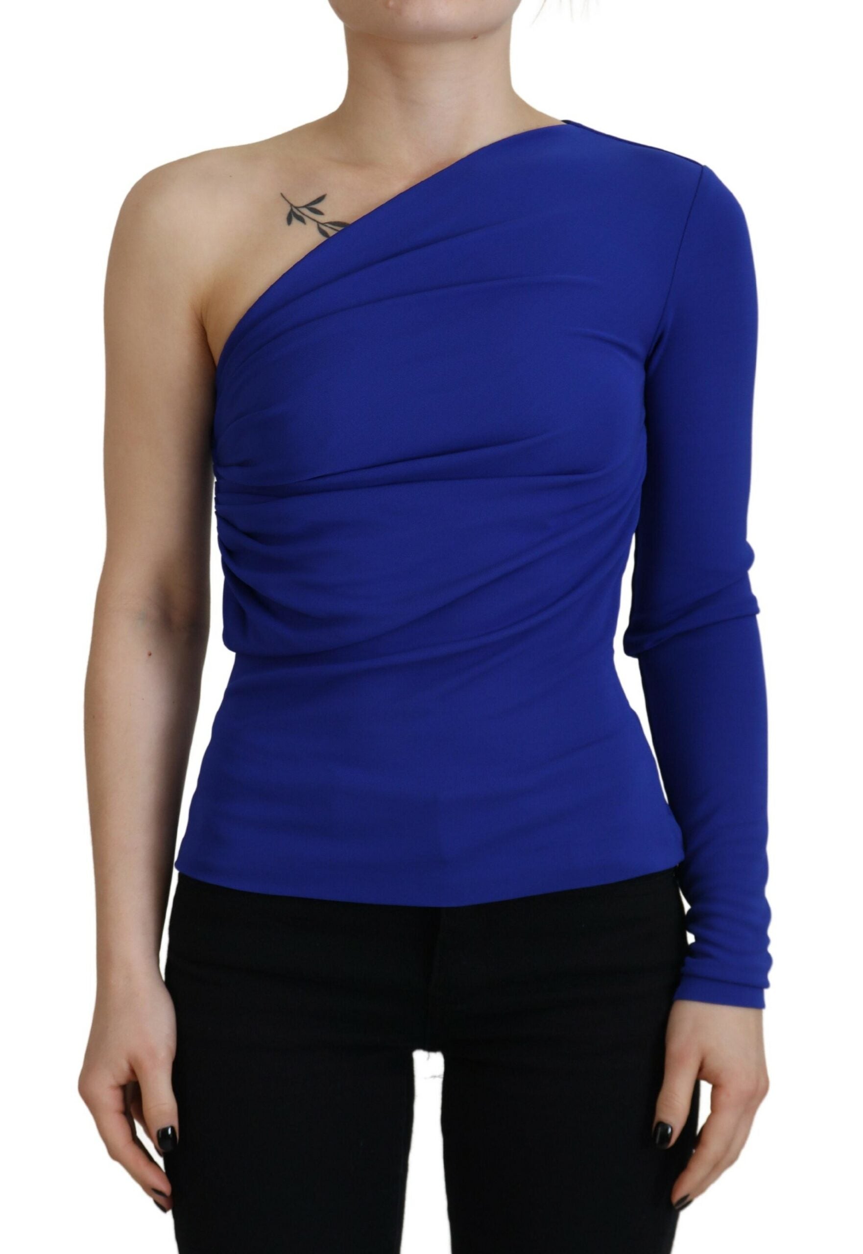 Blaues synthetisches schulterfreies, figurbetontes Blusen-Top