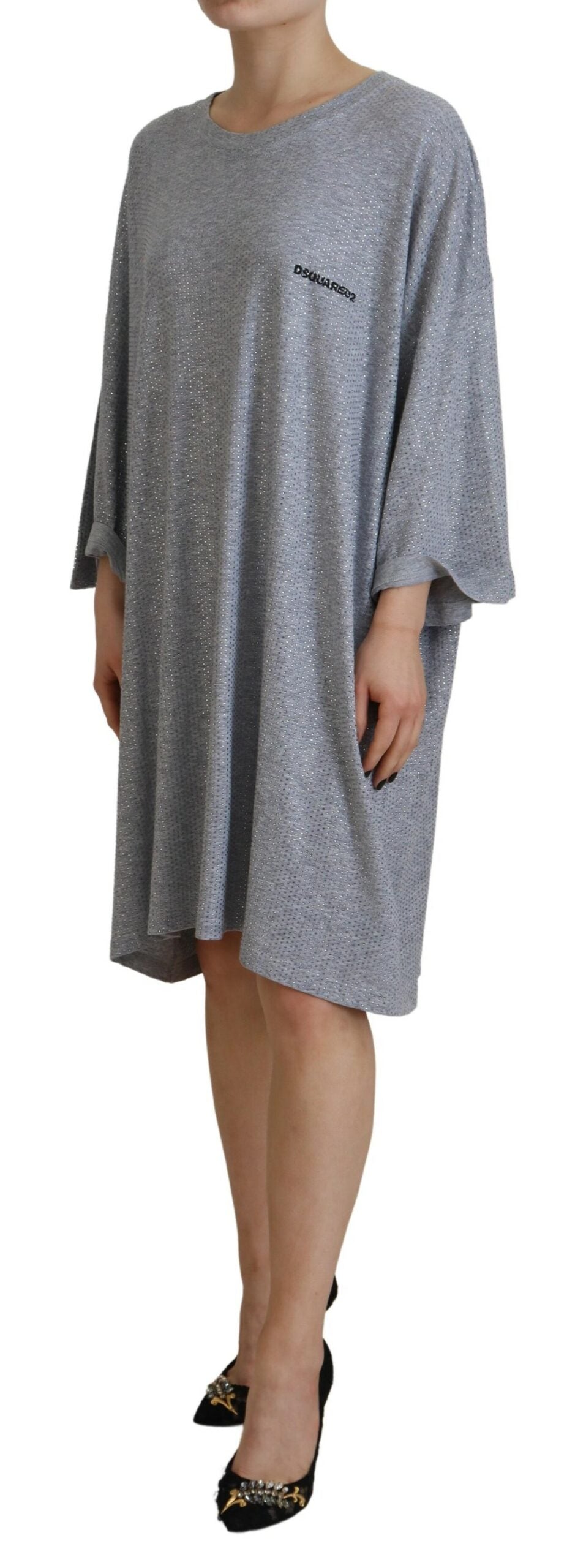 Dsquared² Graues, kristallverziertes Baumwollkleid mit langen Ärmeln