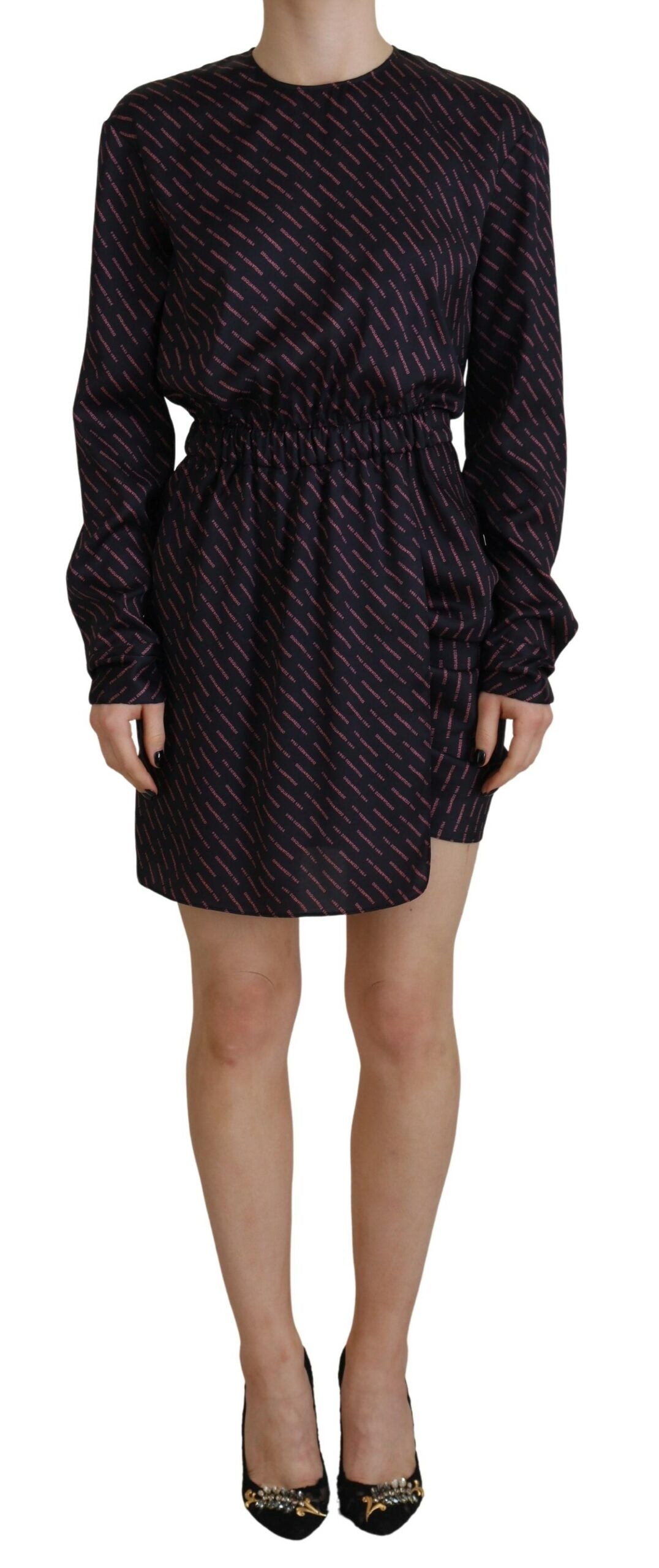 Schwarzes synthetisches A-Linien-Minikleid mit Logo-Print und langen Ärmeln
