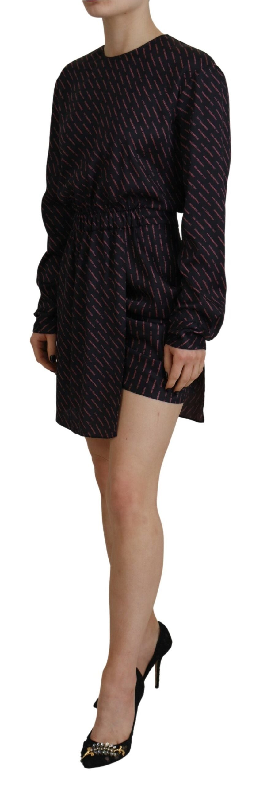 Black Synthetic A-Line Mini Dress with Logo Print and Long Sleeves