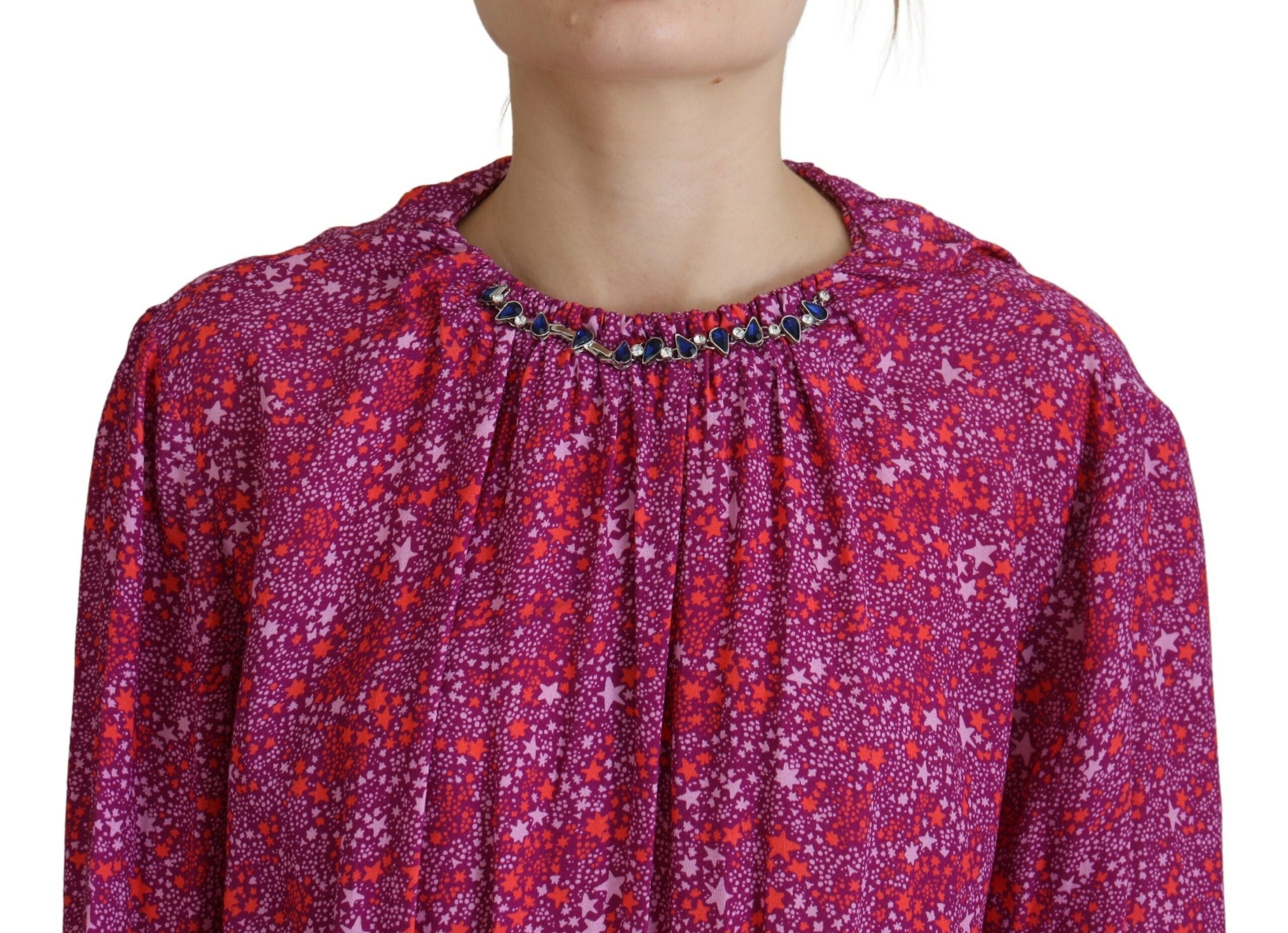 Fuchsia Synthetic Long Sleeve Dress with Star Embellishments