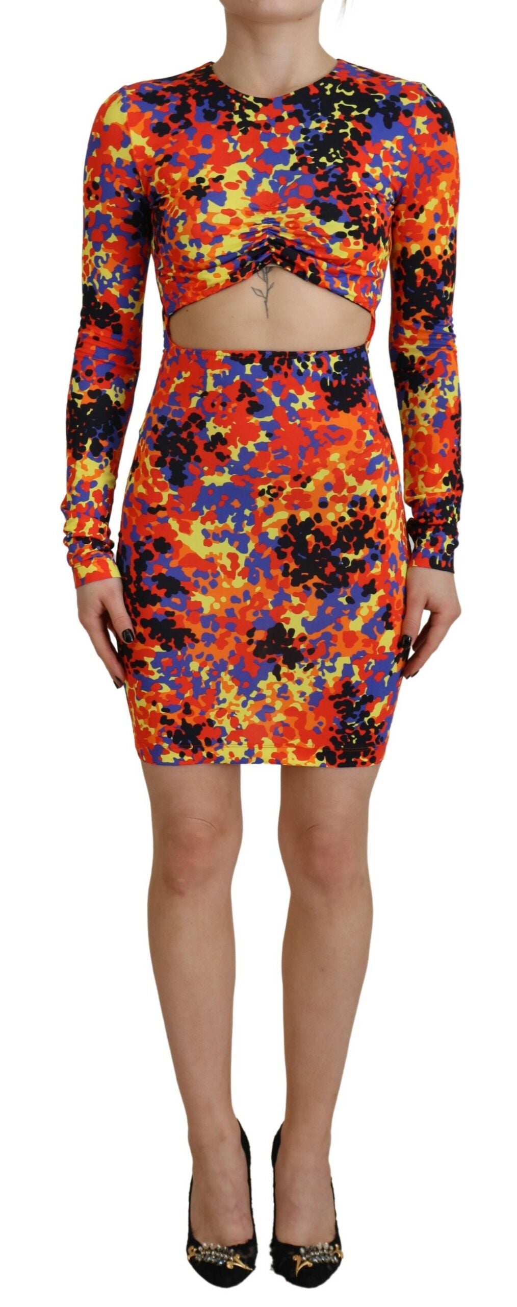 Robe à manches longues et ventre ouvert en batik multicolore