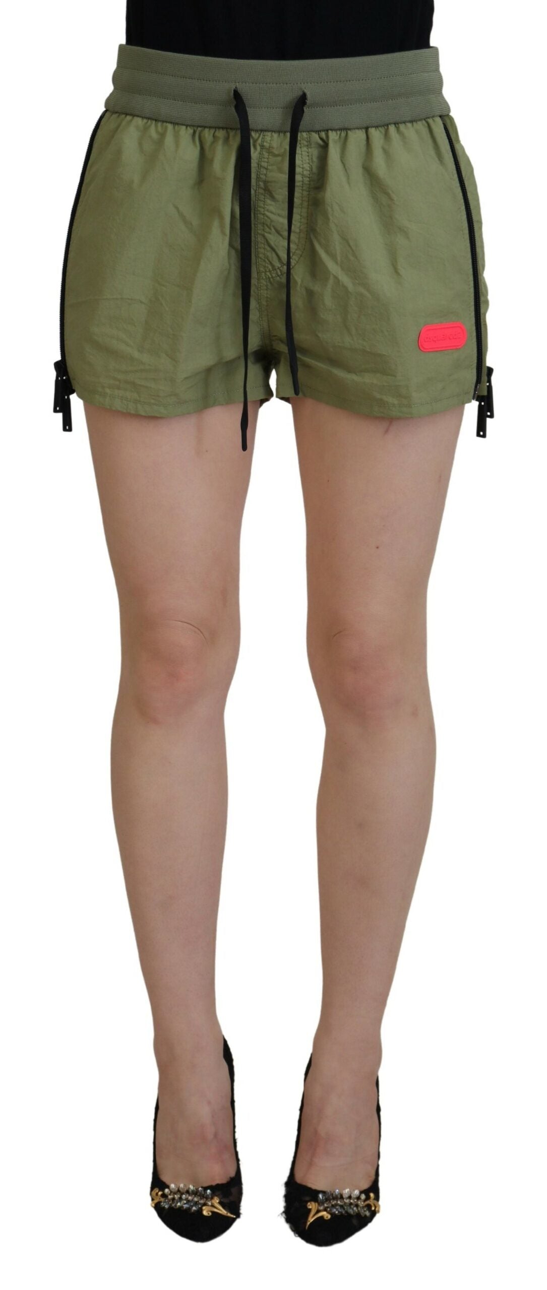 Army Green Cotton Mid Waist Tapered Drawstring Shorts