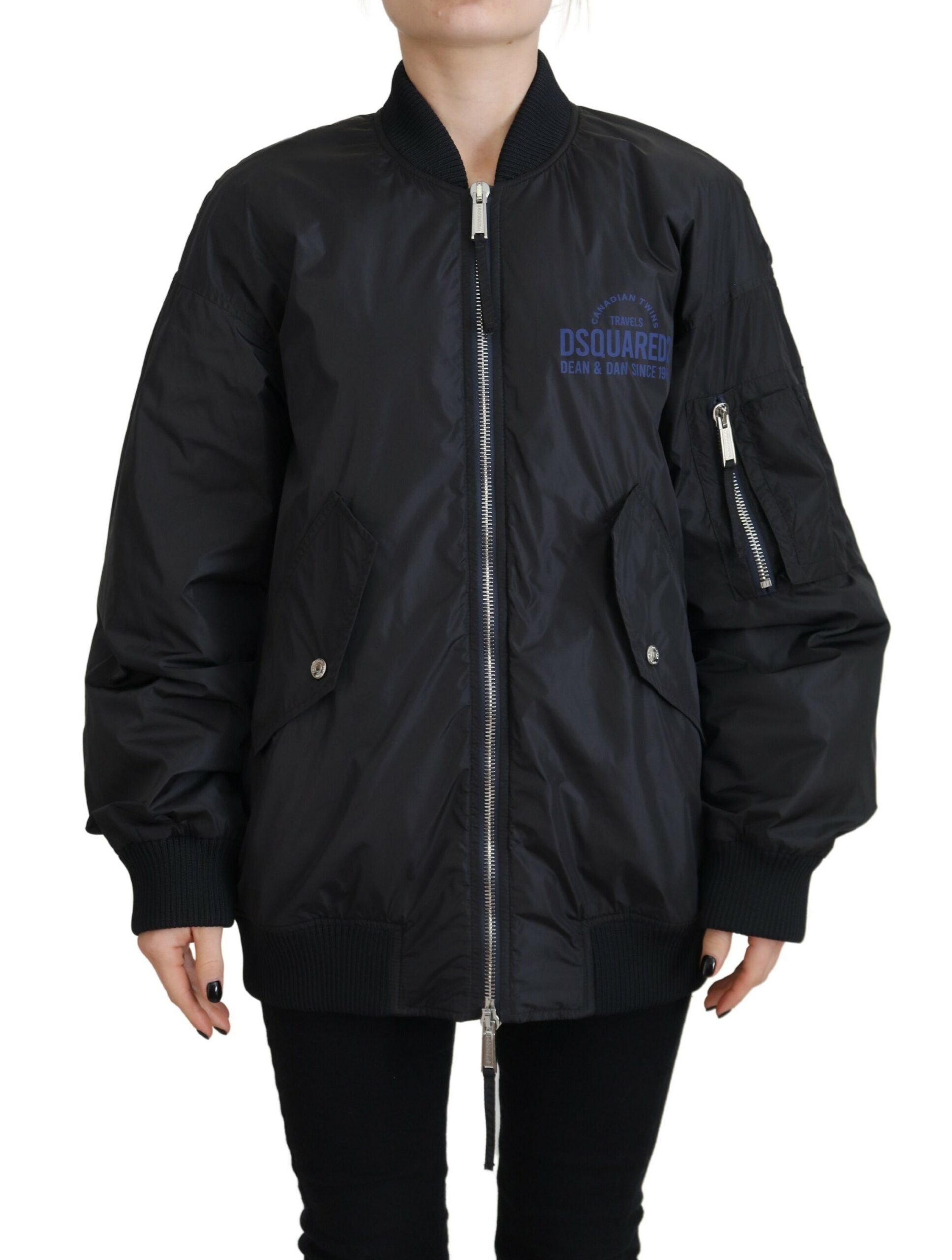Schwarze Bomberjacke aus Synthetik mit Logo-Reißverschluss
