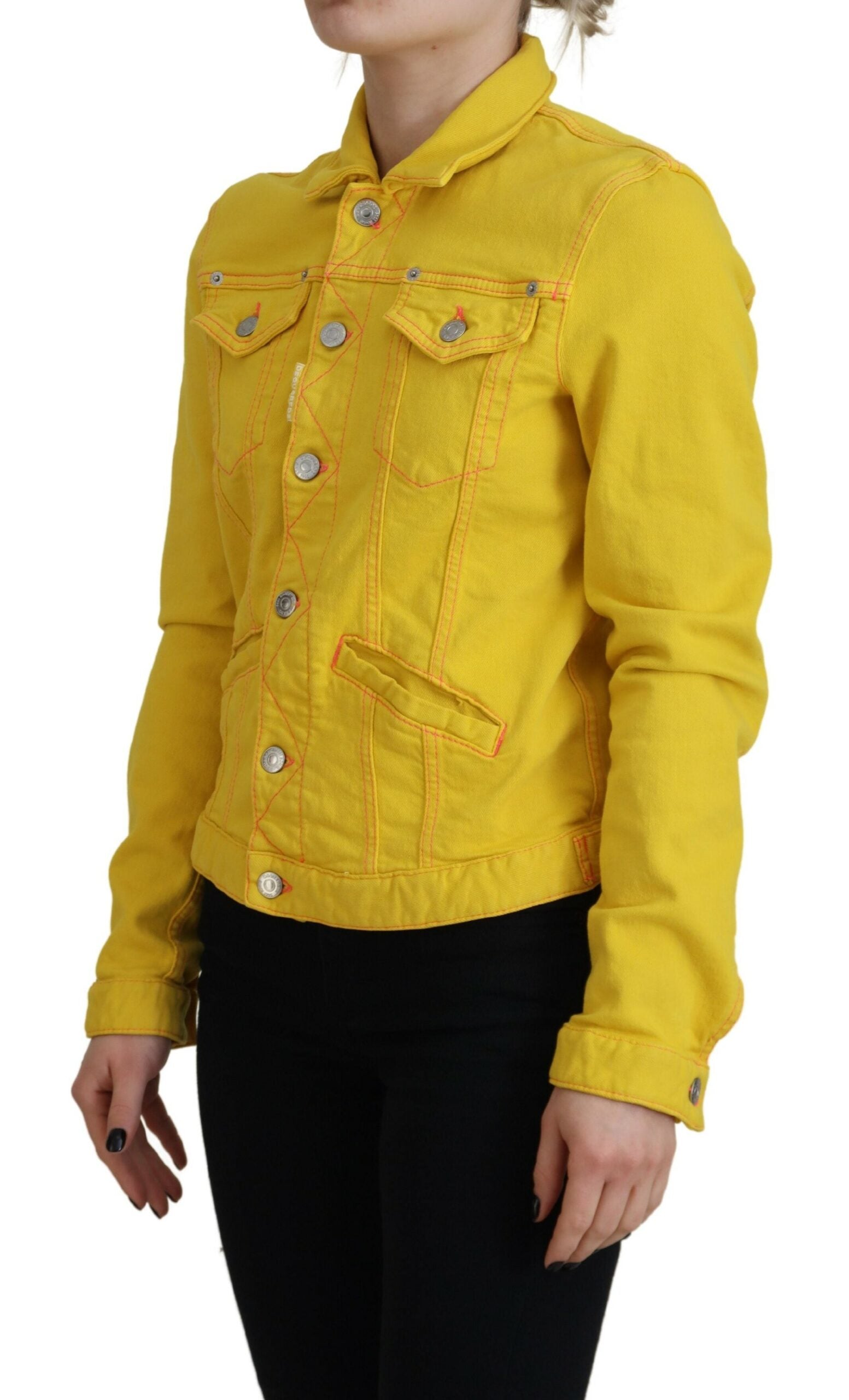 Yellow Cotton Denim Jacket with Collar and Long Sleeves