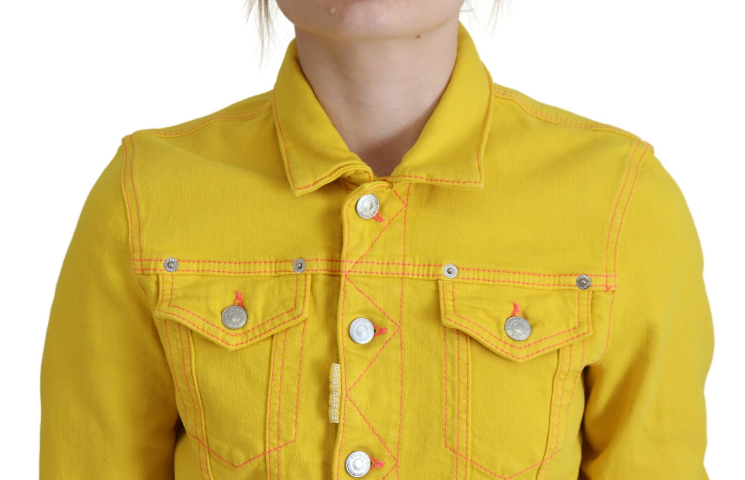 Yellow Cotton Denim Jacket with Collar and Long Sleeves