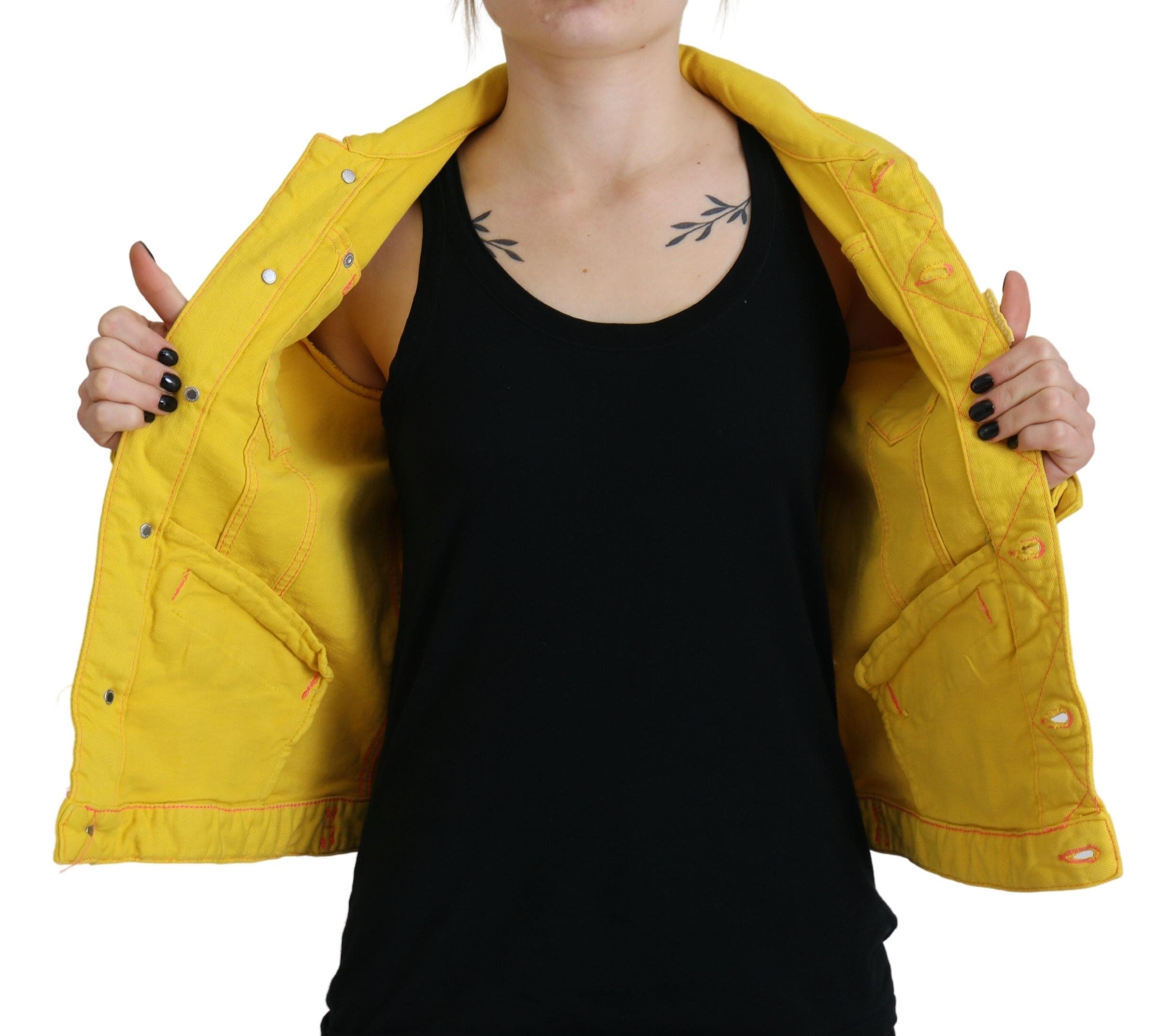 Yellow Cotton Denim Jacket with Collar and Long Sleeves