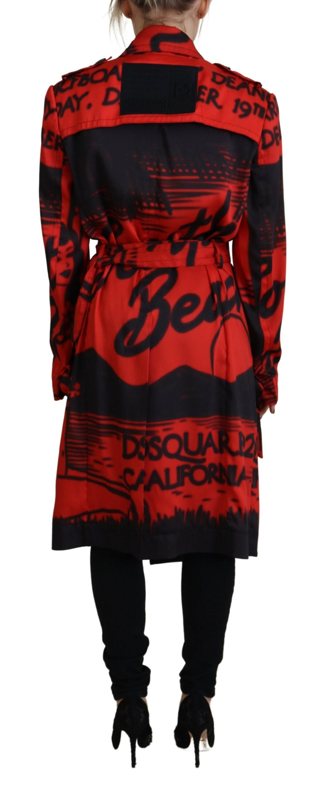 Red Synthetic Long Coat Jacket with Button Collar by DSQUARED2