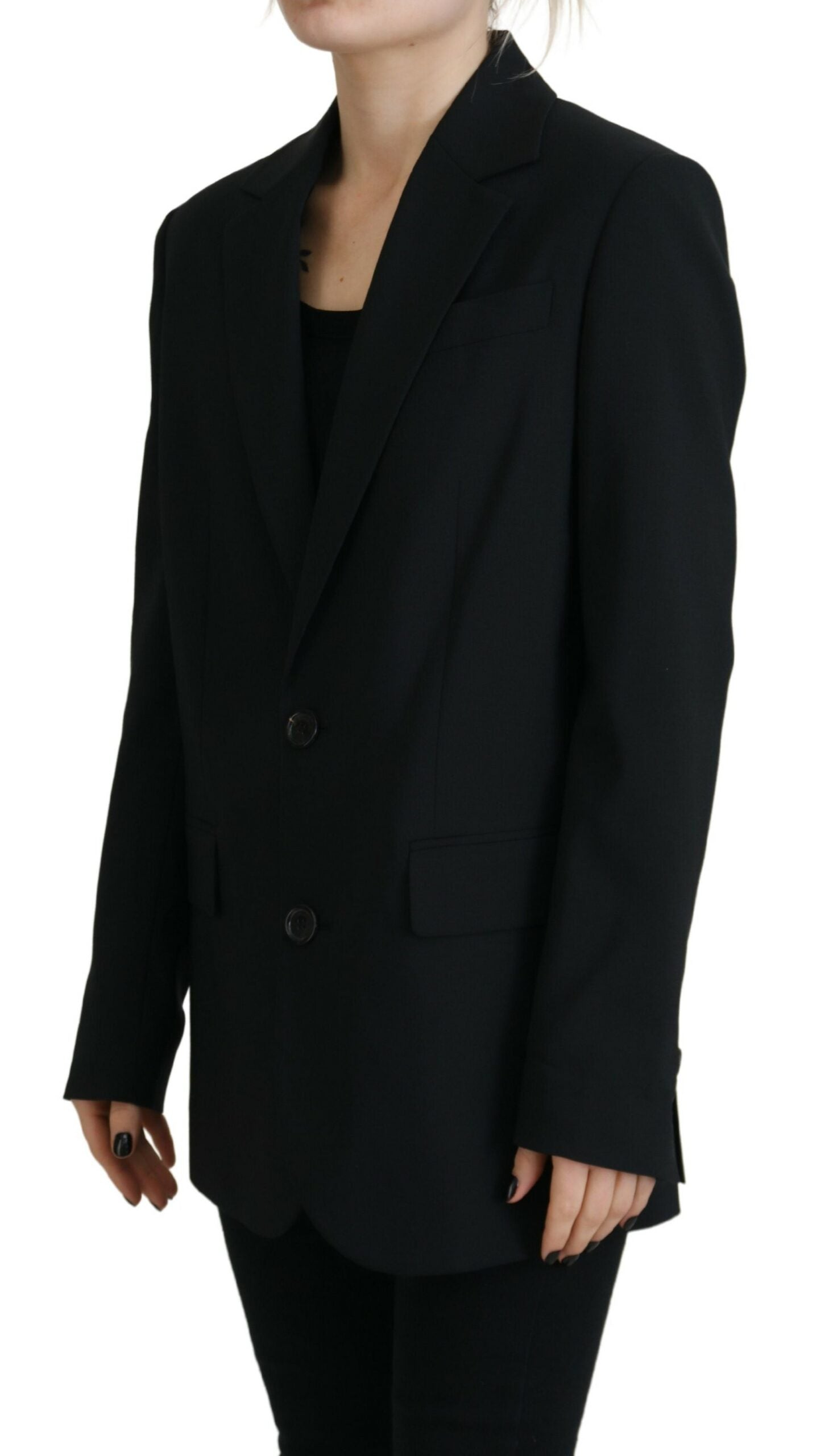Black Wool Blend Blazer Coat with Floral Detail