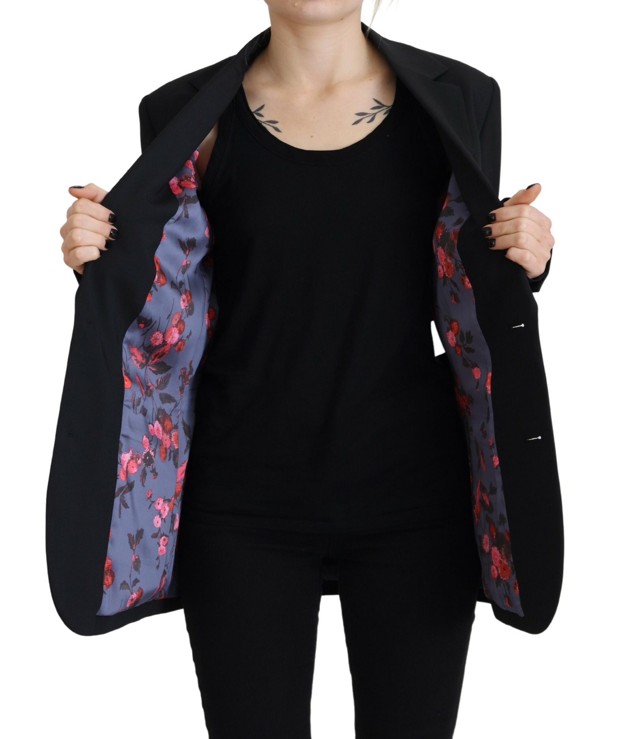 Black Wool Blend Blazer Coat with Floral Detail