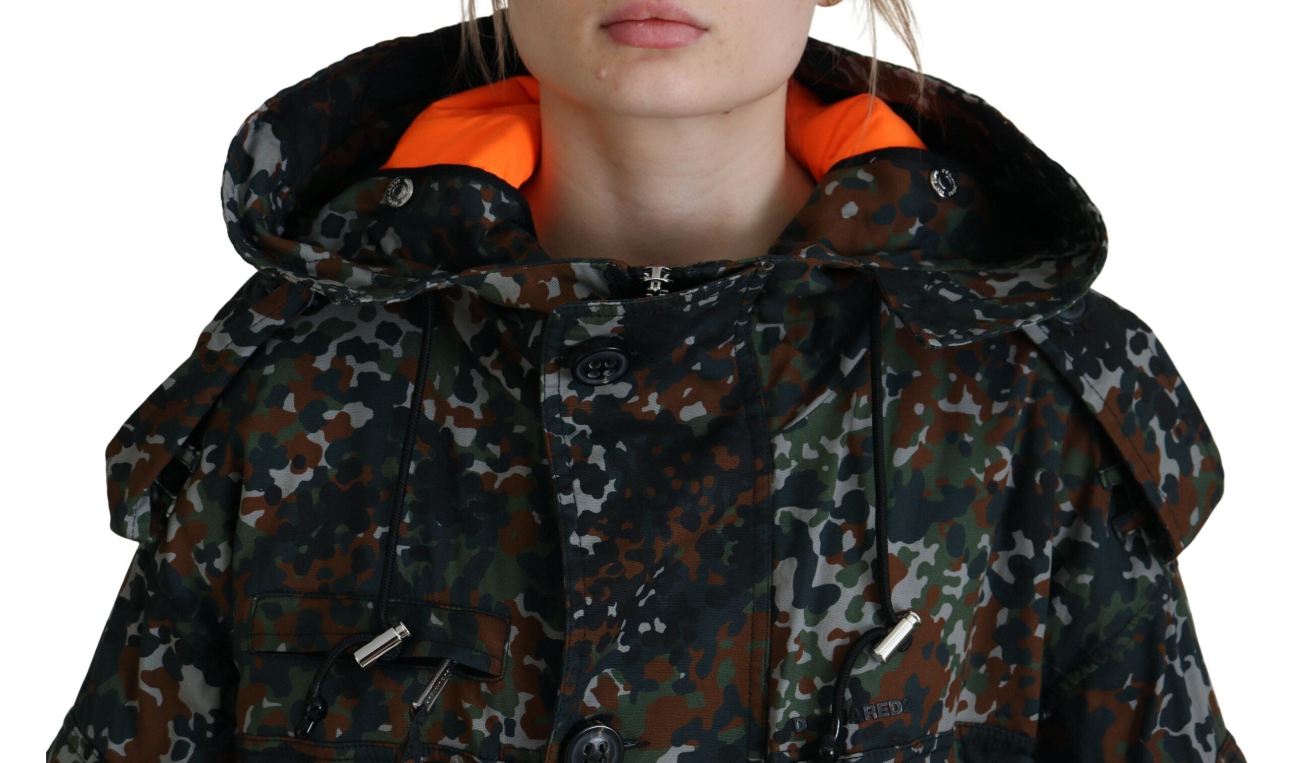 Green Cotton Camouflage Parka with Hood