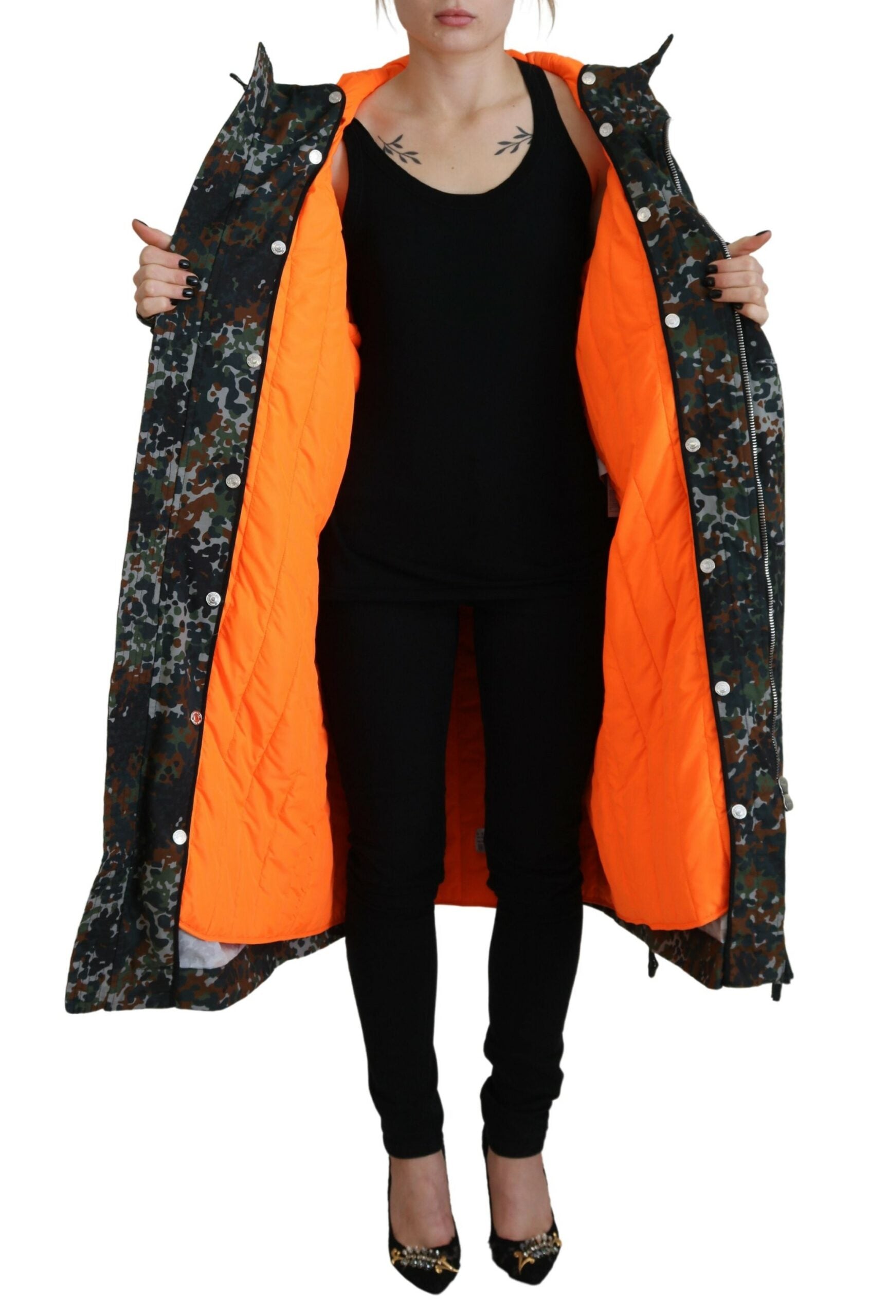 Green Cotton Camouflage Parka with Hood
