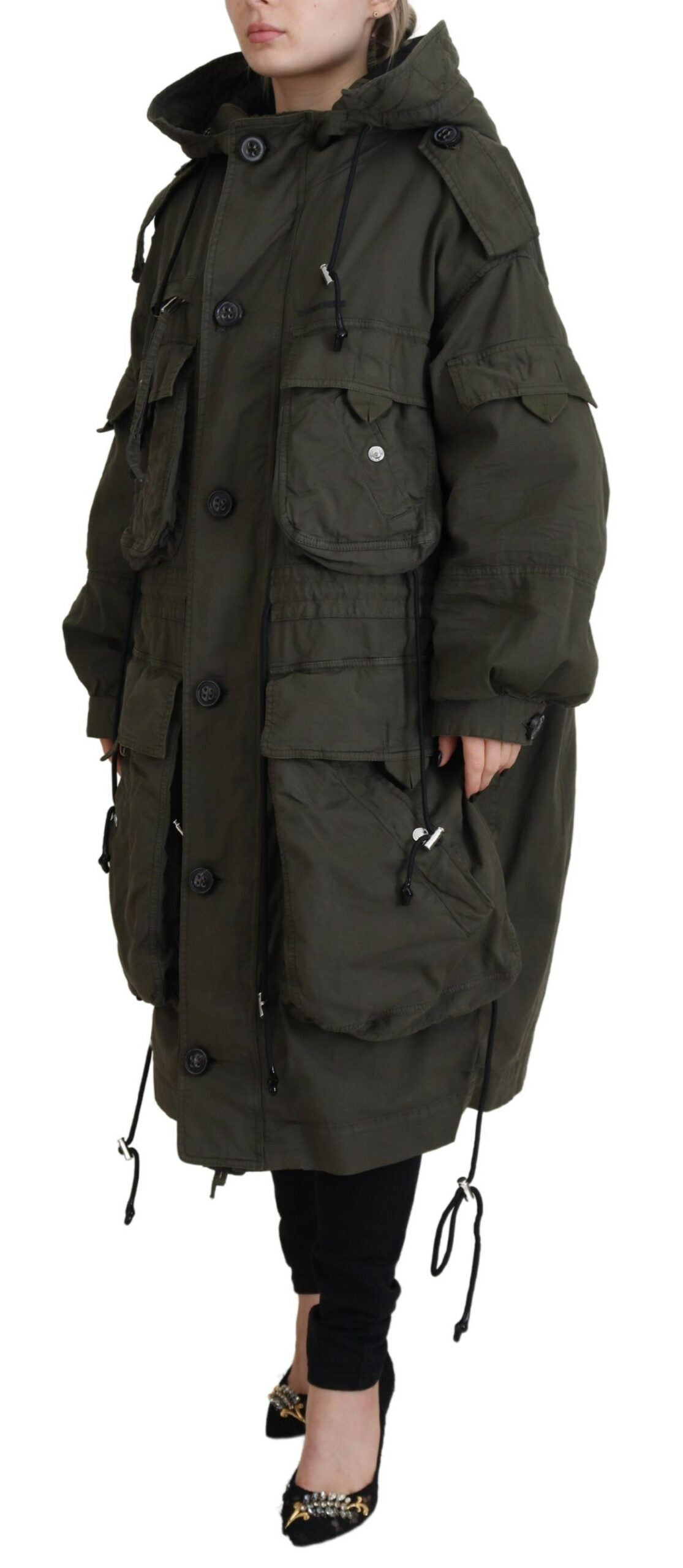 Green Cotton Hooded Parka with Full Zip Closure