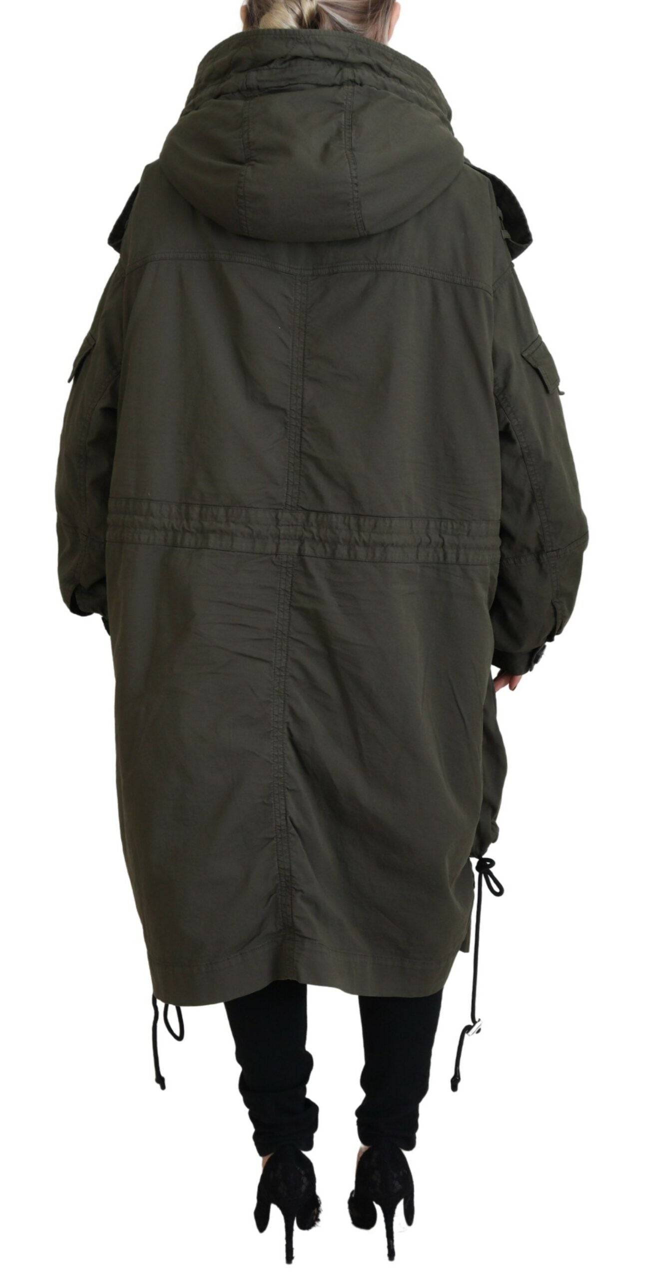 Green Cotton Hooded Parka with Full Zip Closure