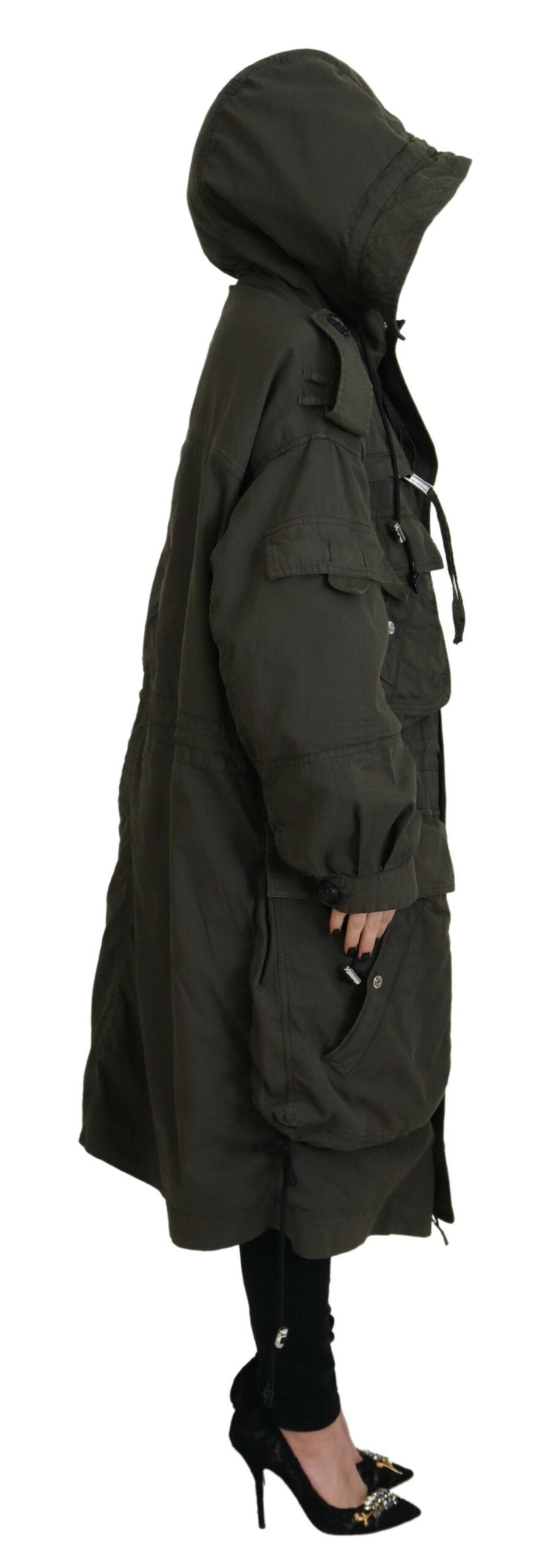 Green Cotton Hooded Parka with Full Zip Closure