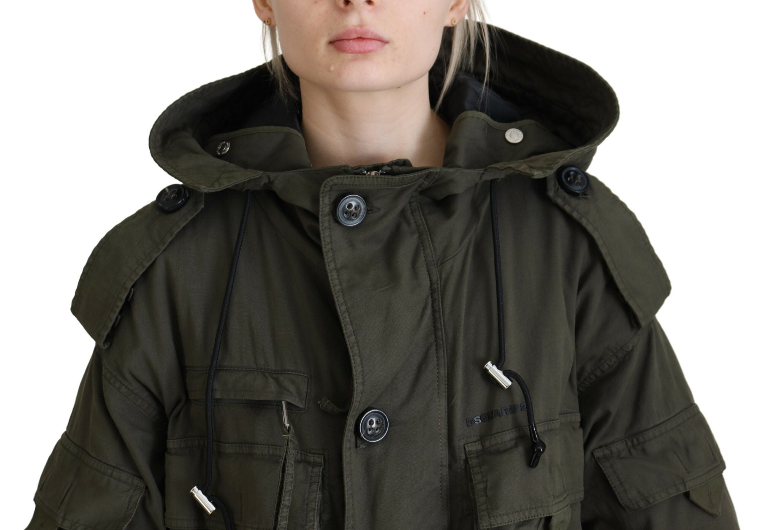 Green Cotton Hooded Parka with Full Zip Closure