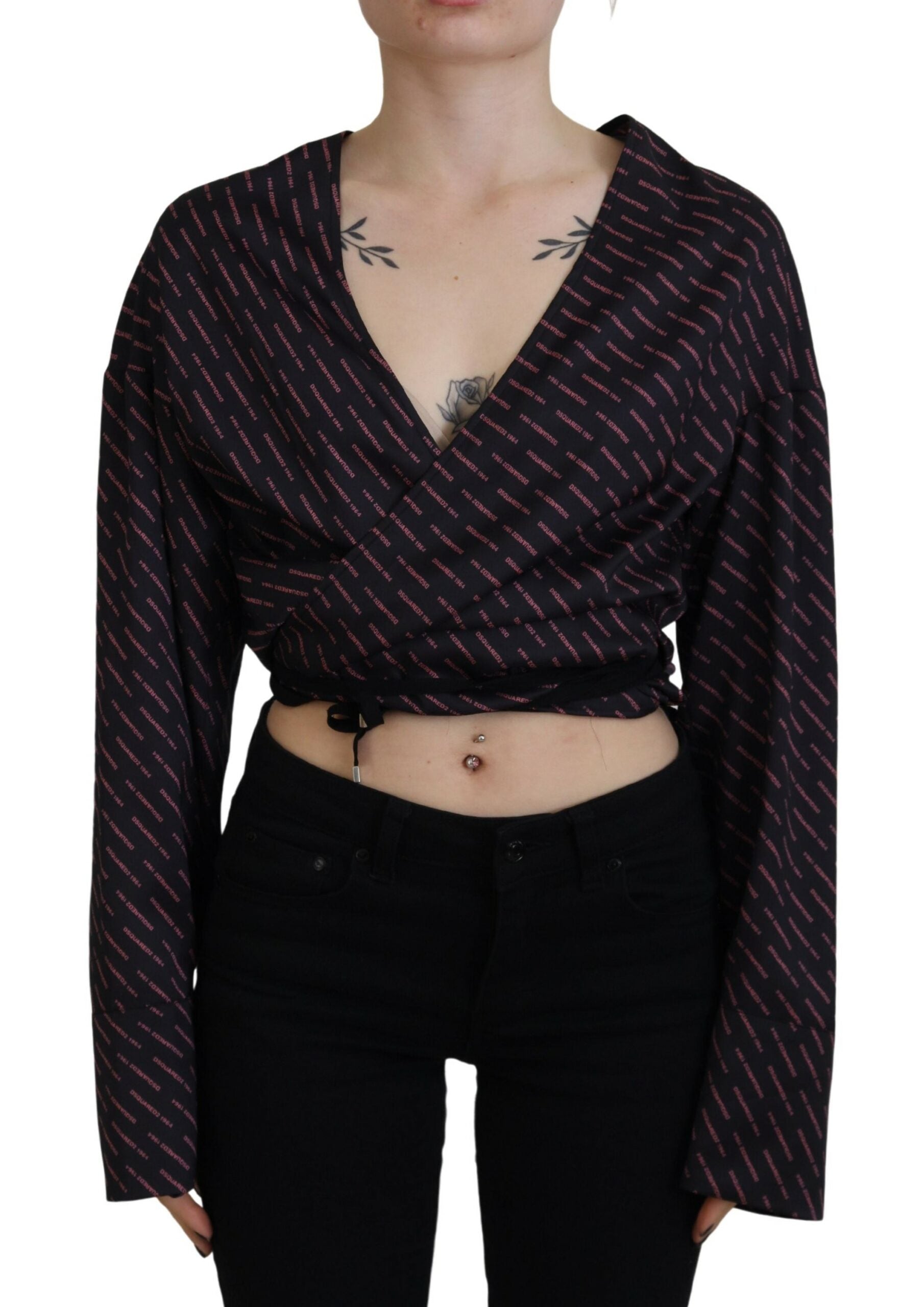 Schwarze bauchfreie Kunstfaserbluse mit DSQUARED2 Logo-Print
