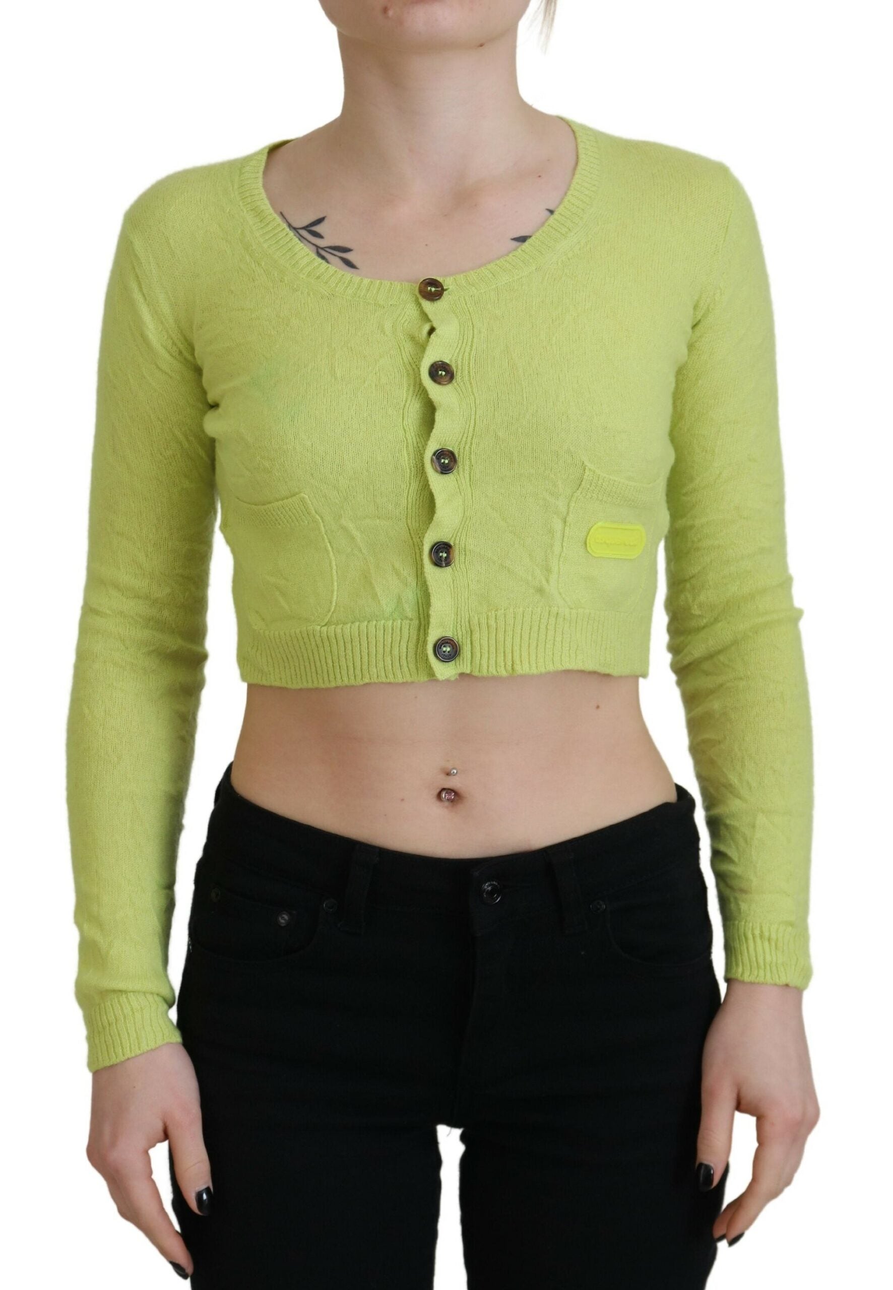 Yellow Green Cashmere Cropped Sweater with Long Sleeves
