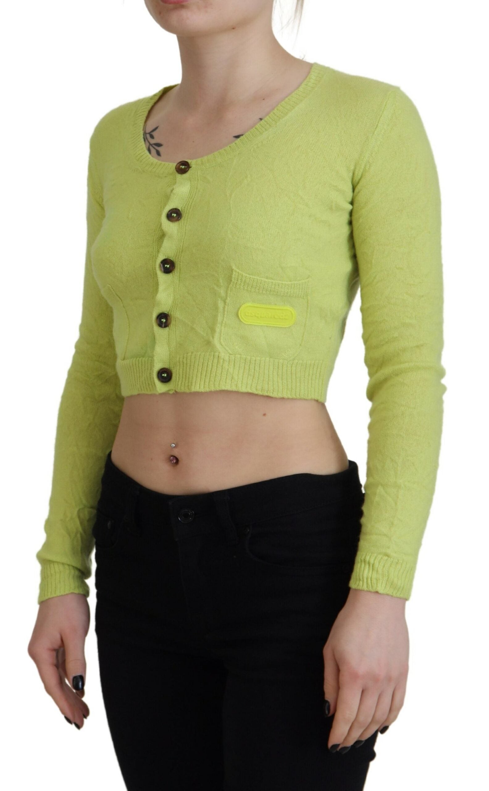 Dsquared² Gelb-Grüner Kaschmir-Cropped-Pullover mit langen Ärmeln