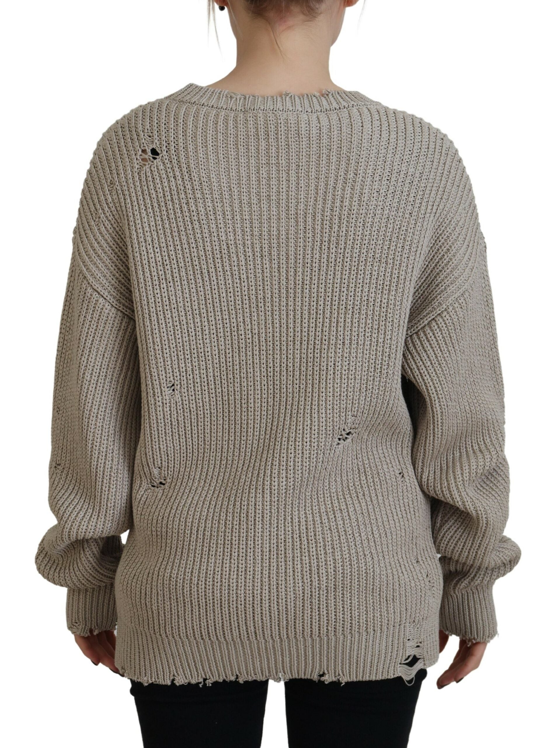Pull-over beige en coton tricoté à col rond