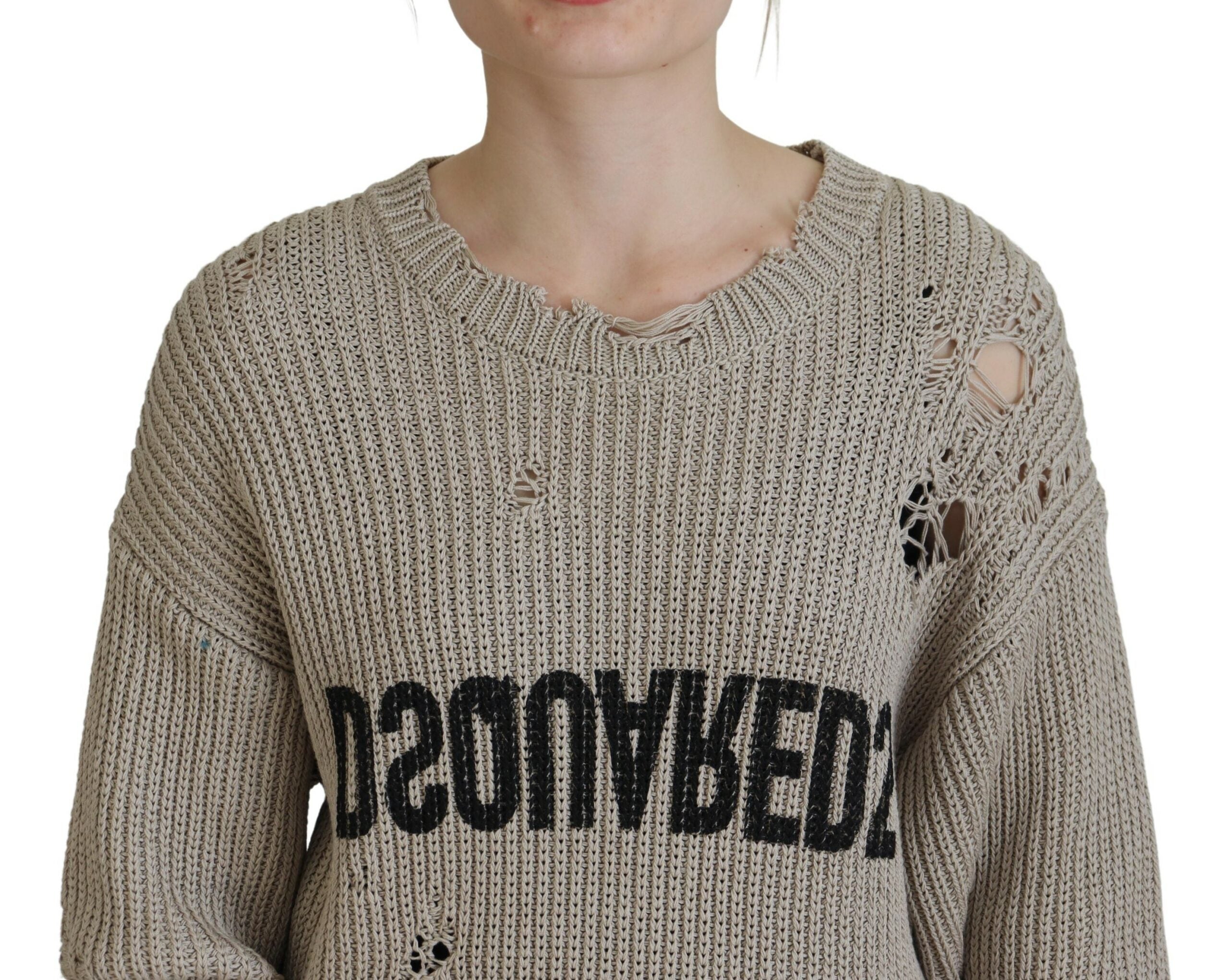 Pull-over beige en coton tricoté à col rond