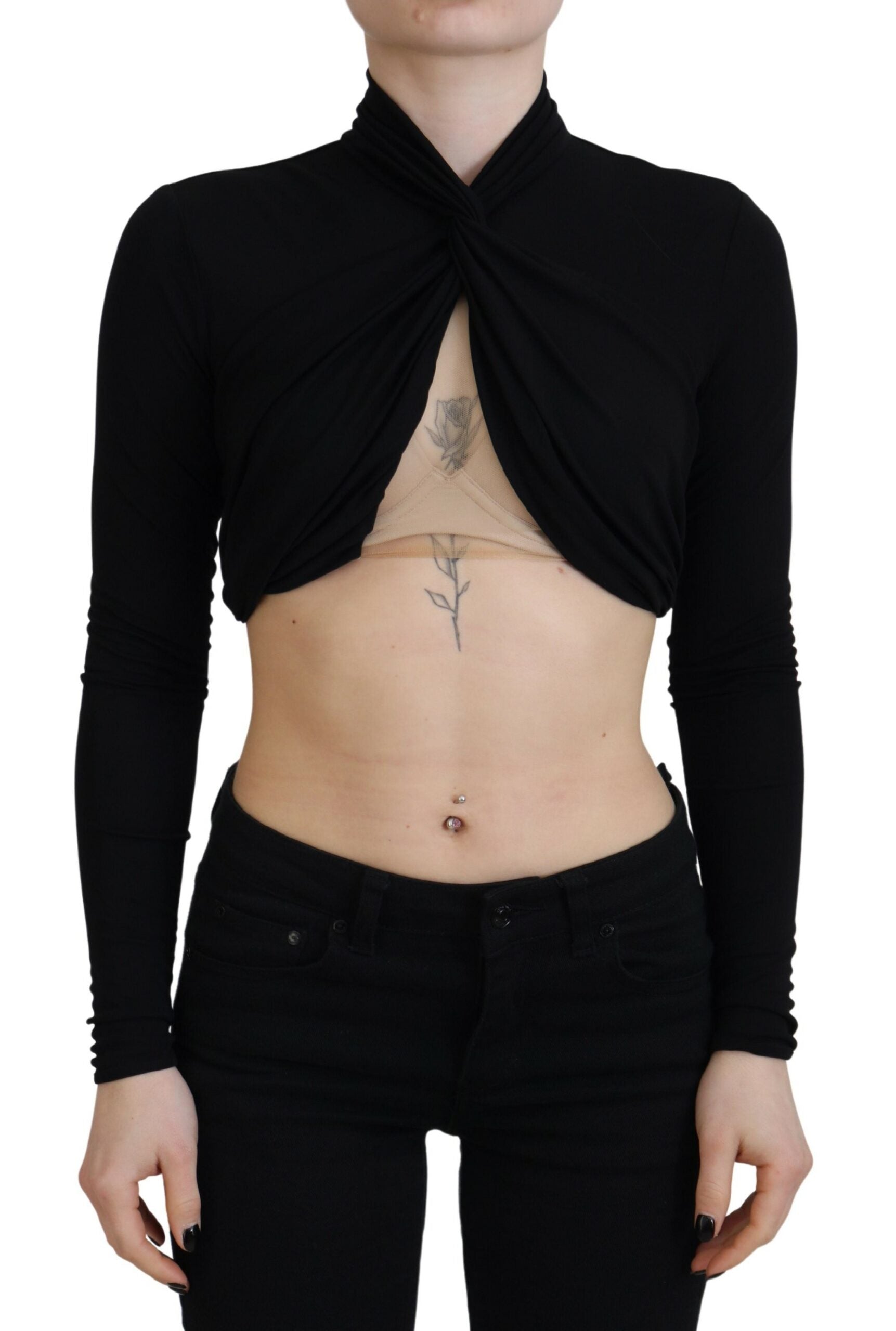 Schwarzes bauchfreies Kunstfasertop mit Cut-Out-Ärmeln