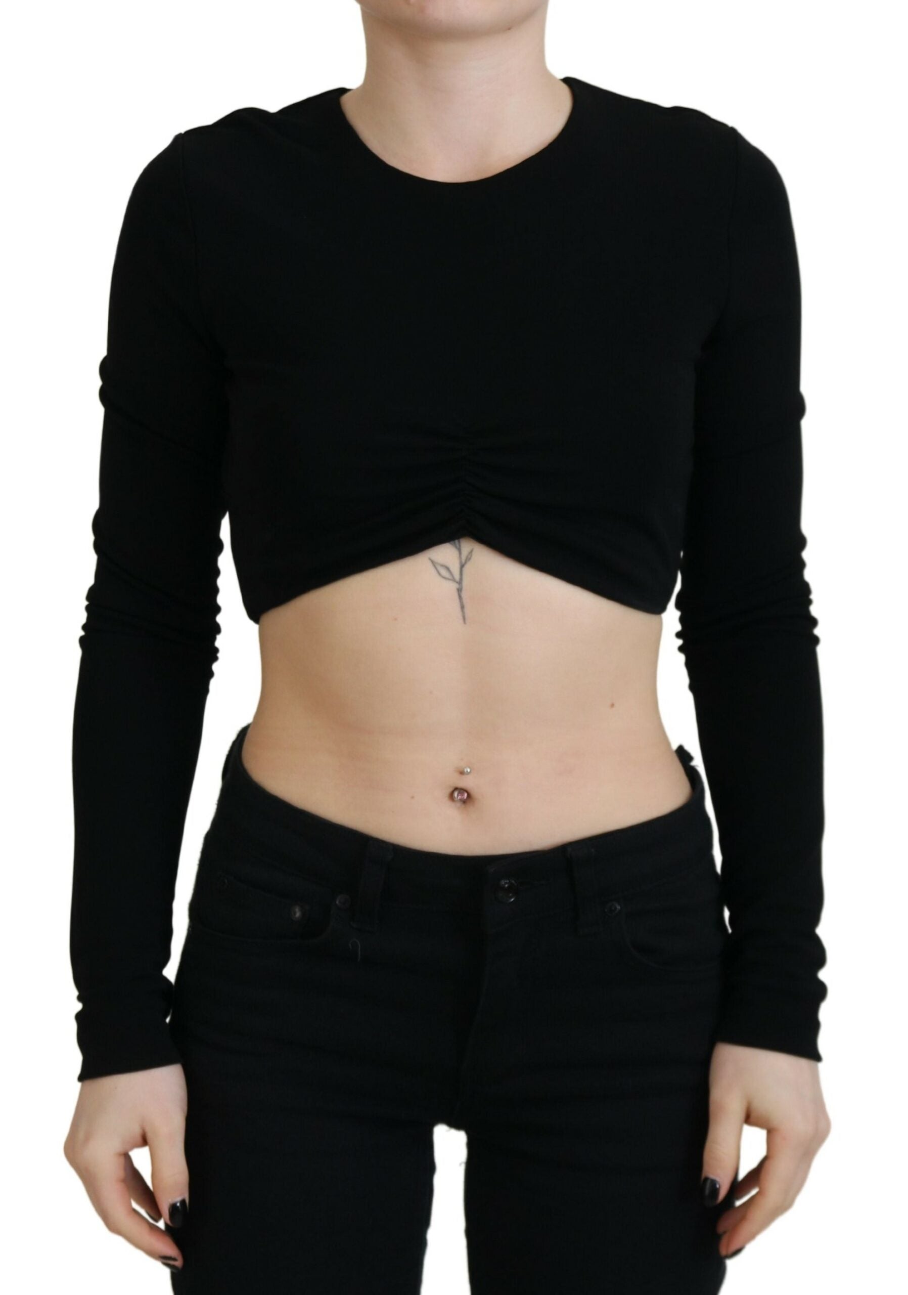 Schwarzes bauchfreies Langarmshirt mit Rundhalsausschnitt aus Kunstfaser