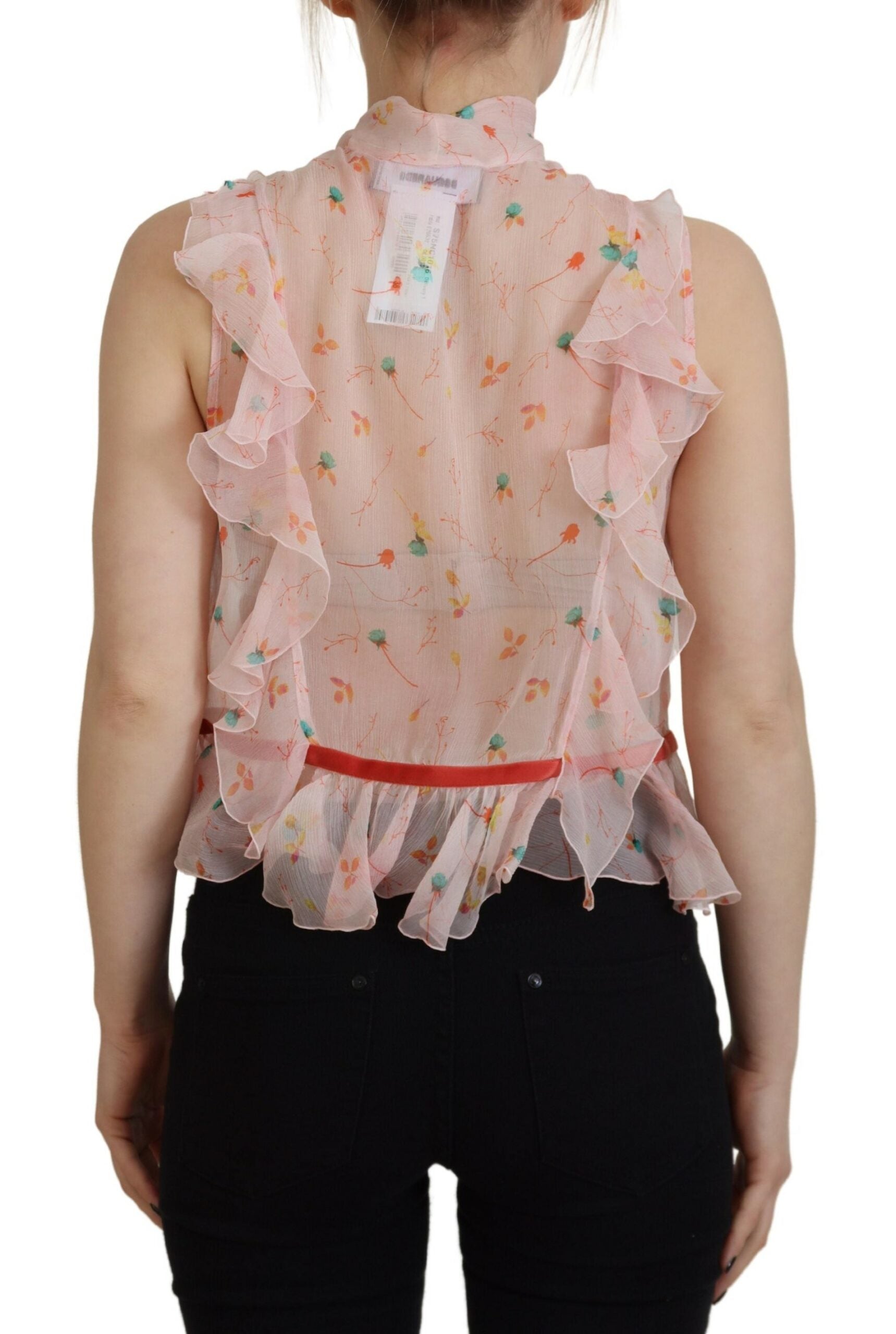 Haut sans manches en soie à imprimé floral rose et col ascot