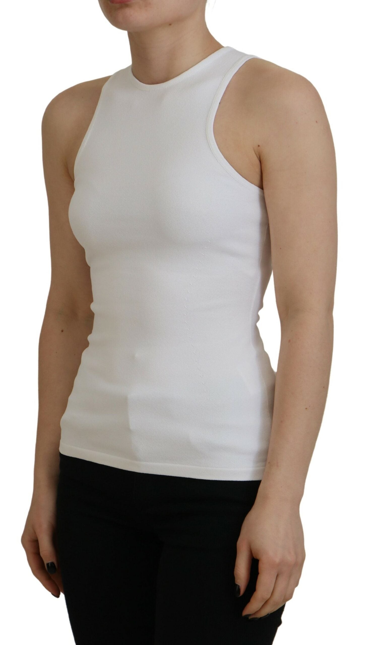 White Synthetic Sleeveless Tank Top with Round Neck