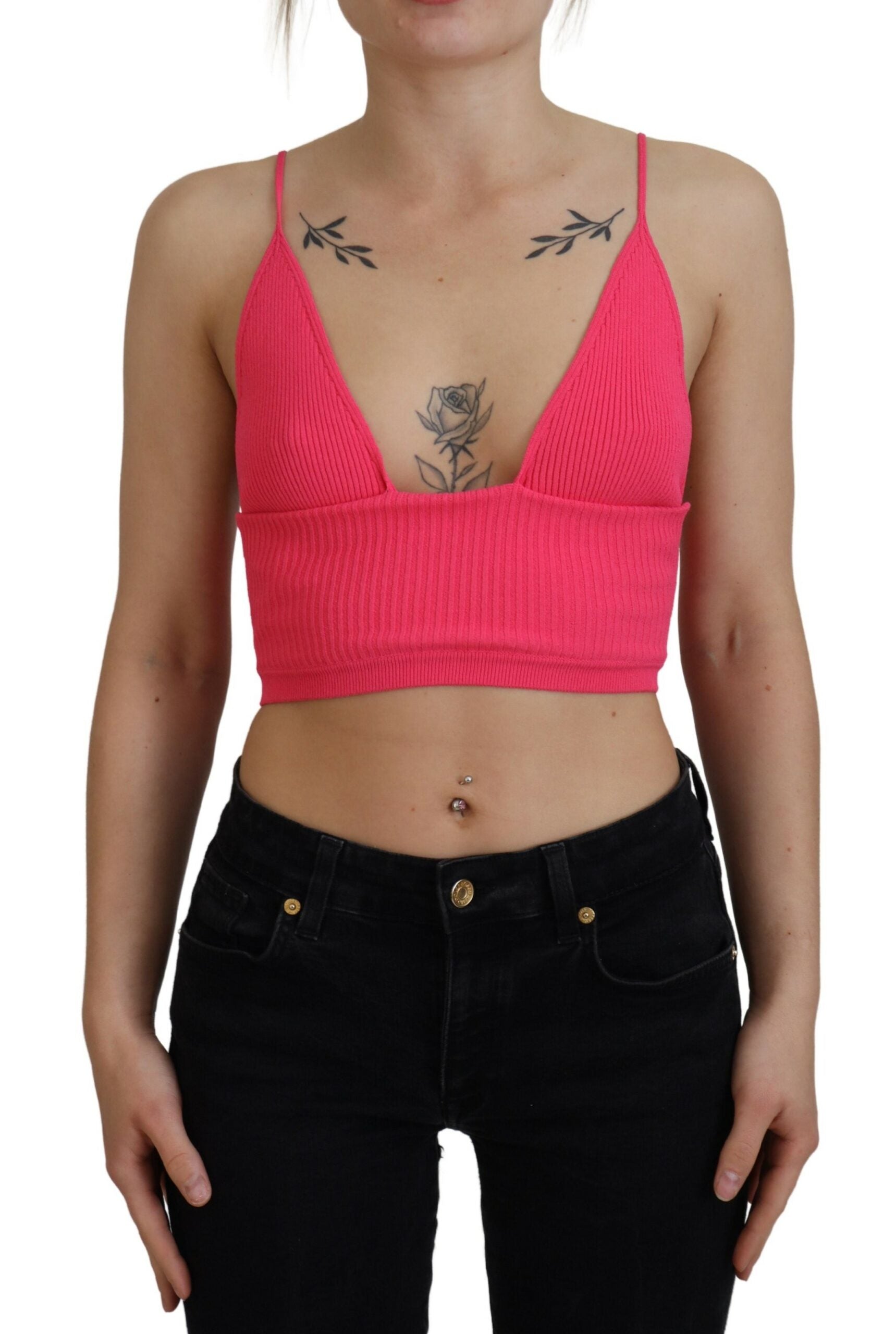 Soutien-gorge court à fines bretelles en maille côtelée rose
