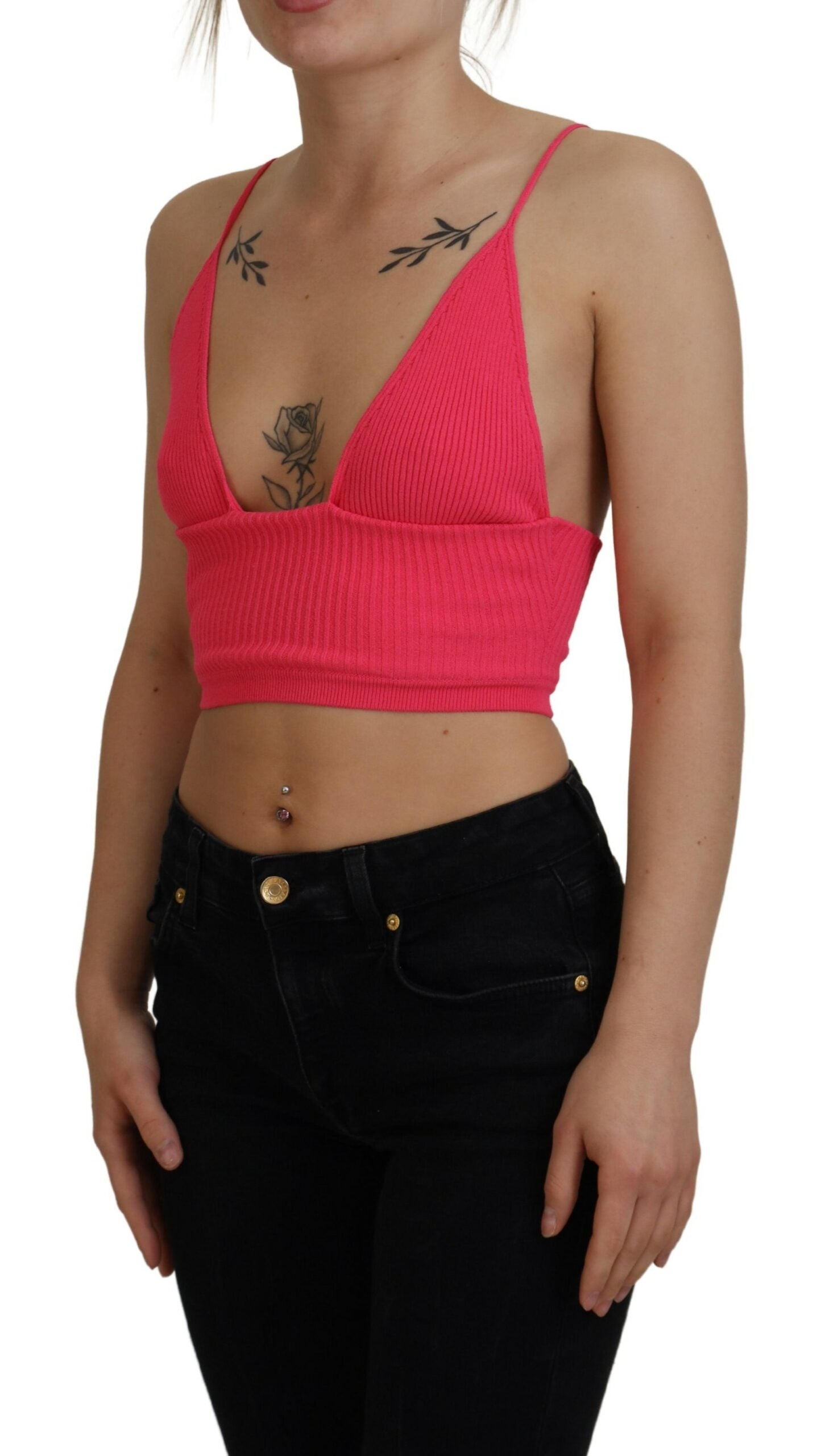 Soutien-gorge court à fines bretelles en maille côtelée rose