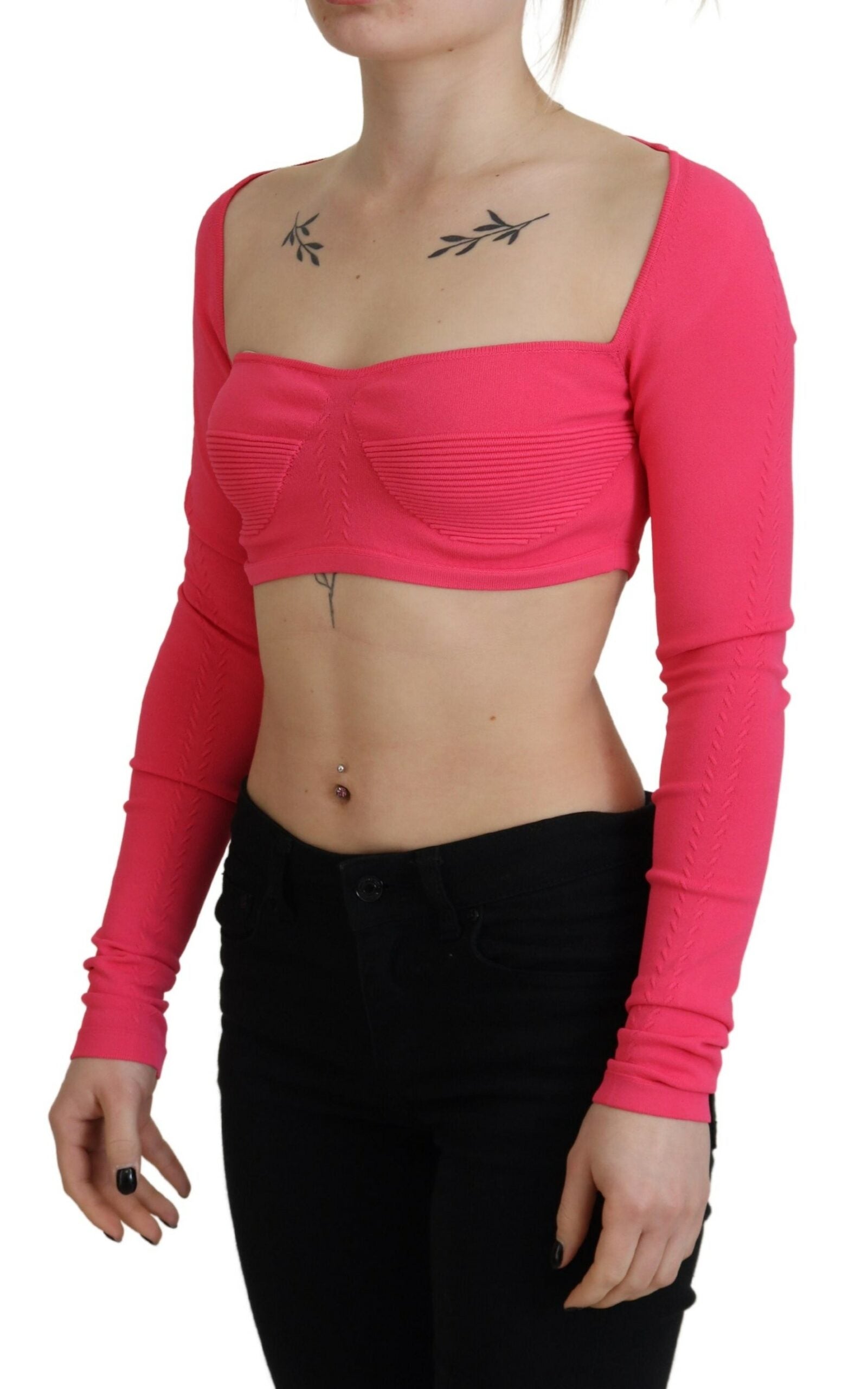 Haut rose en maille viscose à col carré et manches longues
