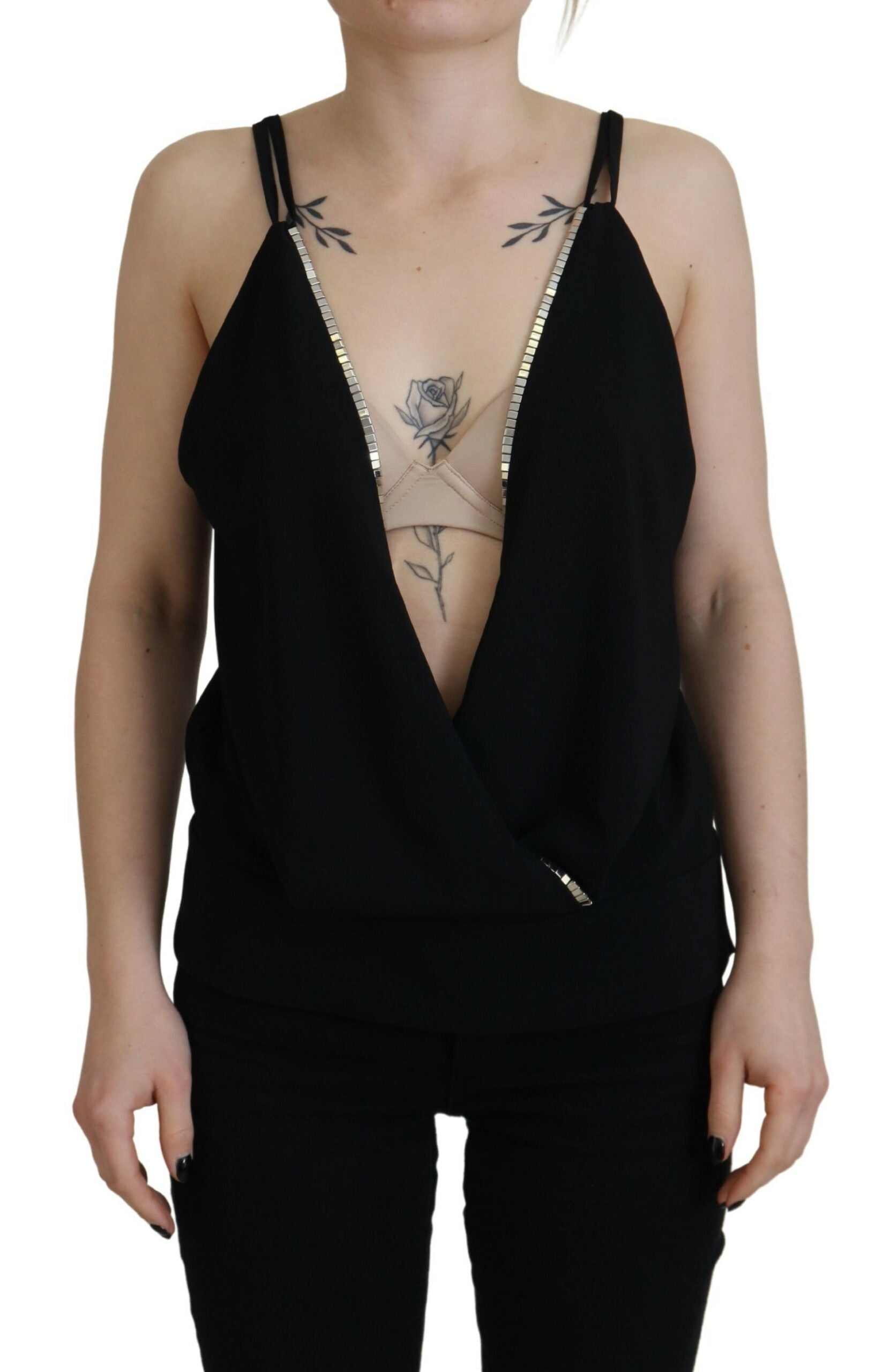 Schwarzes verziertes ärmelloses Tanktop mit tiefem V-Ausschnitt