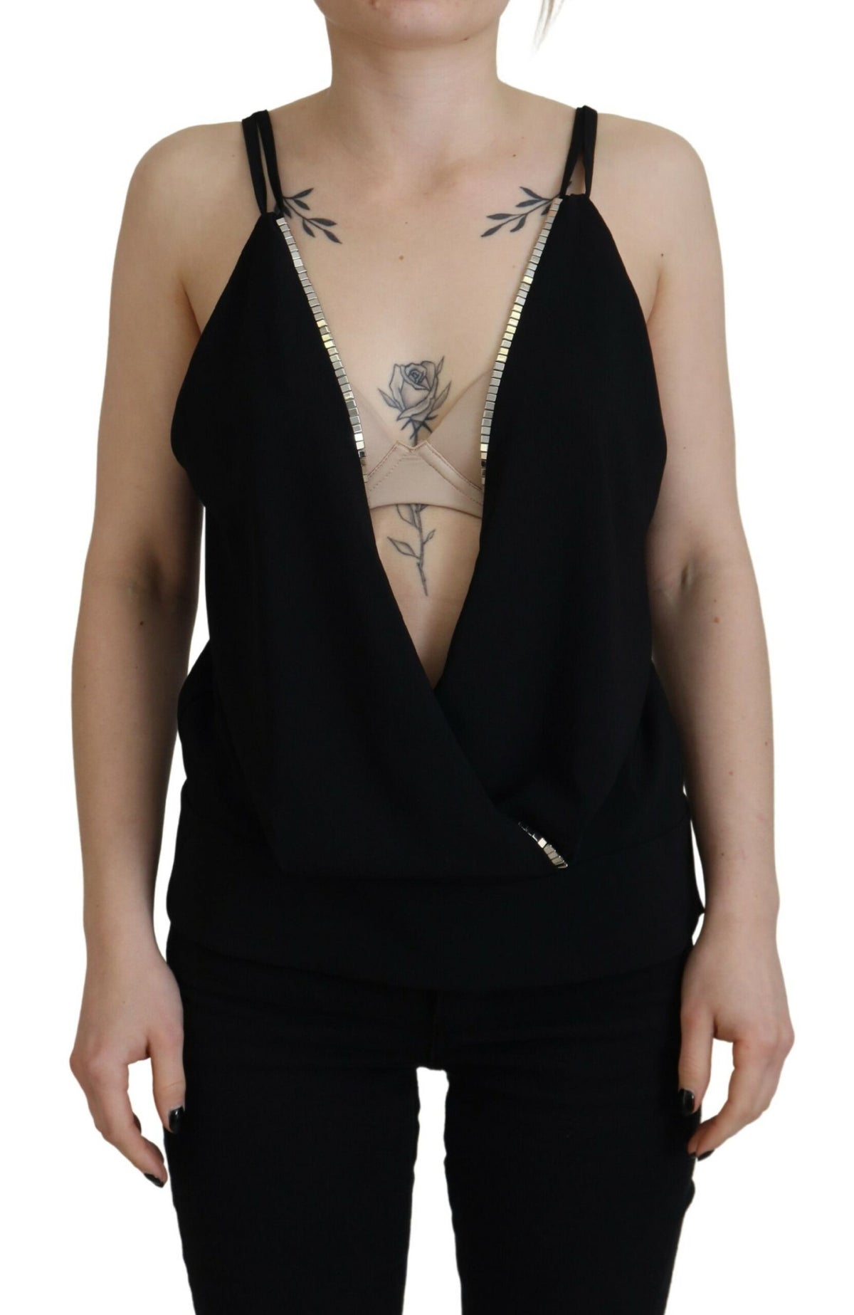 Dsquared² Schwarzes, verziertes, ärmelloses Tanktop mit tiefem V-Ausschnitt