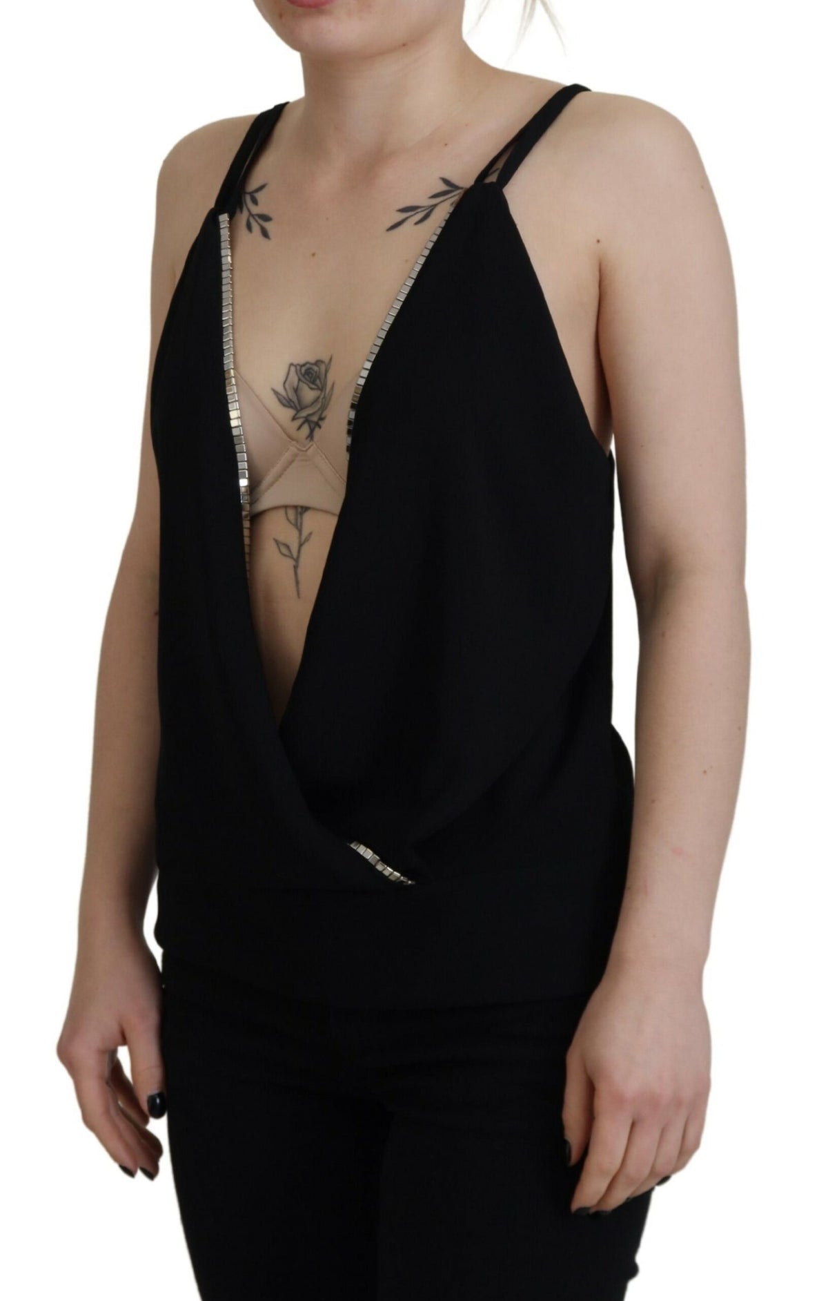 Dsquared² Schwarzes, verziertes, ärmelloses Tanktop mit tiefem V-Ausschnitt
