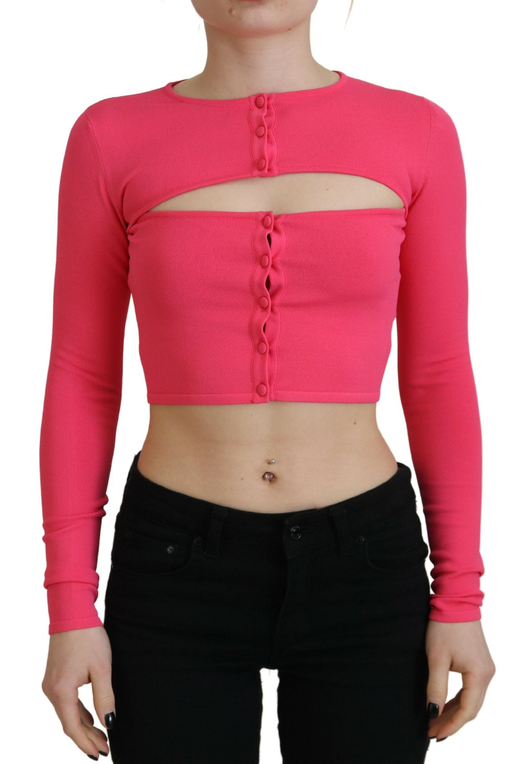 Haut rose en maille viscose à manches longues et décolleté ouvert