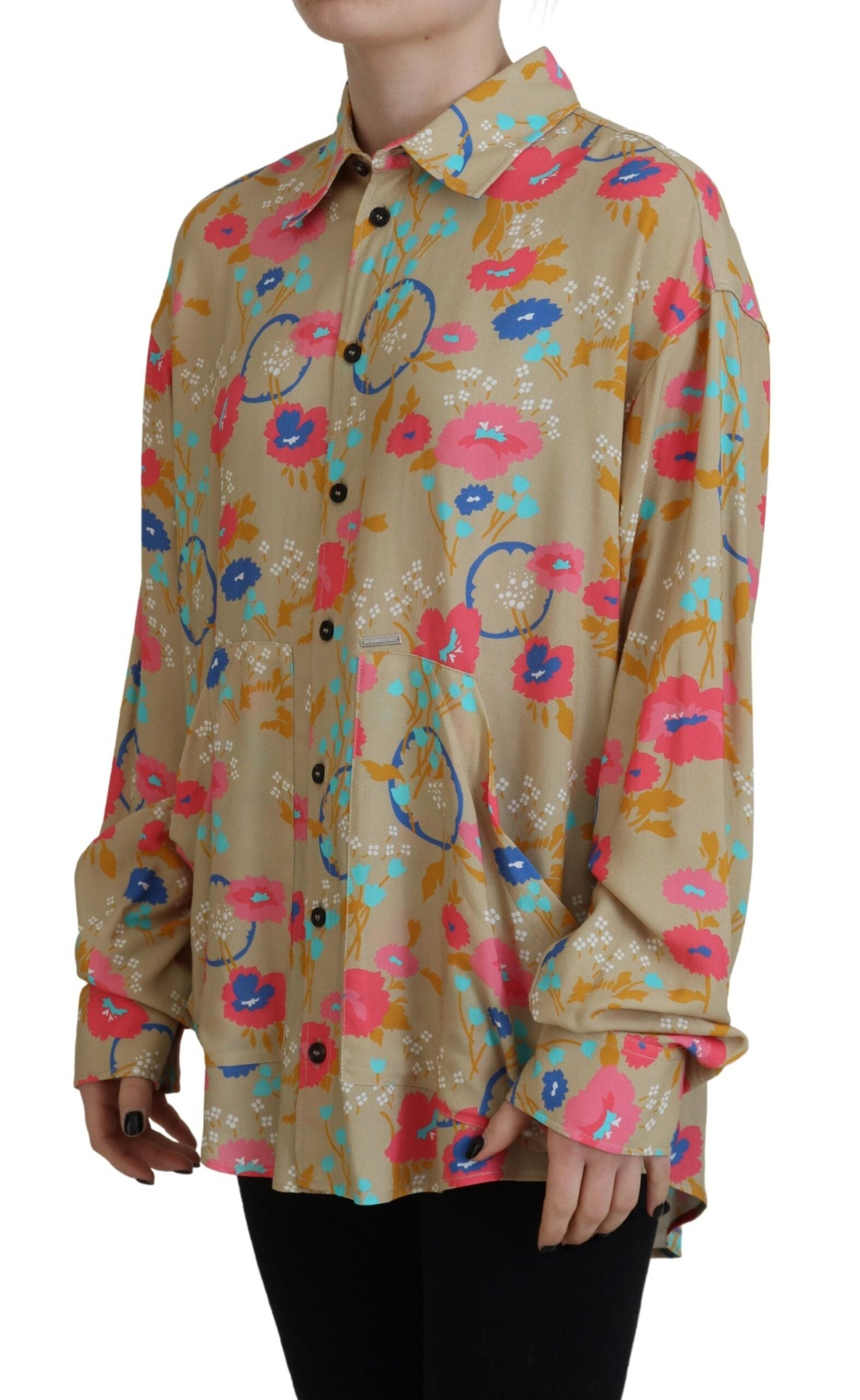 Chemise beige à fleurs, col boutonné, manches longues