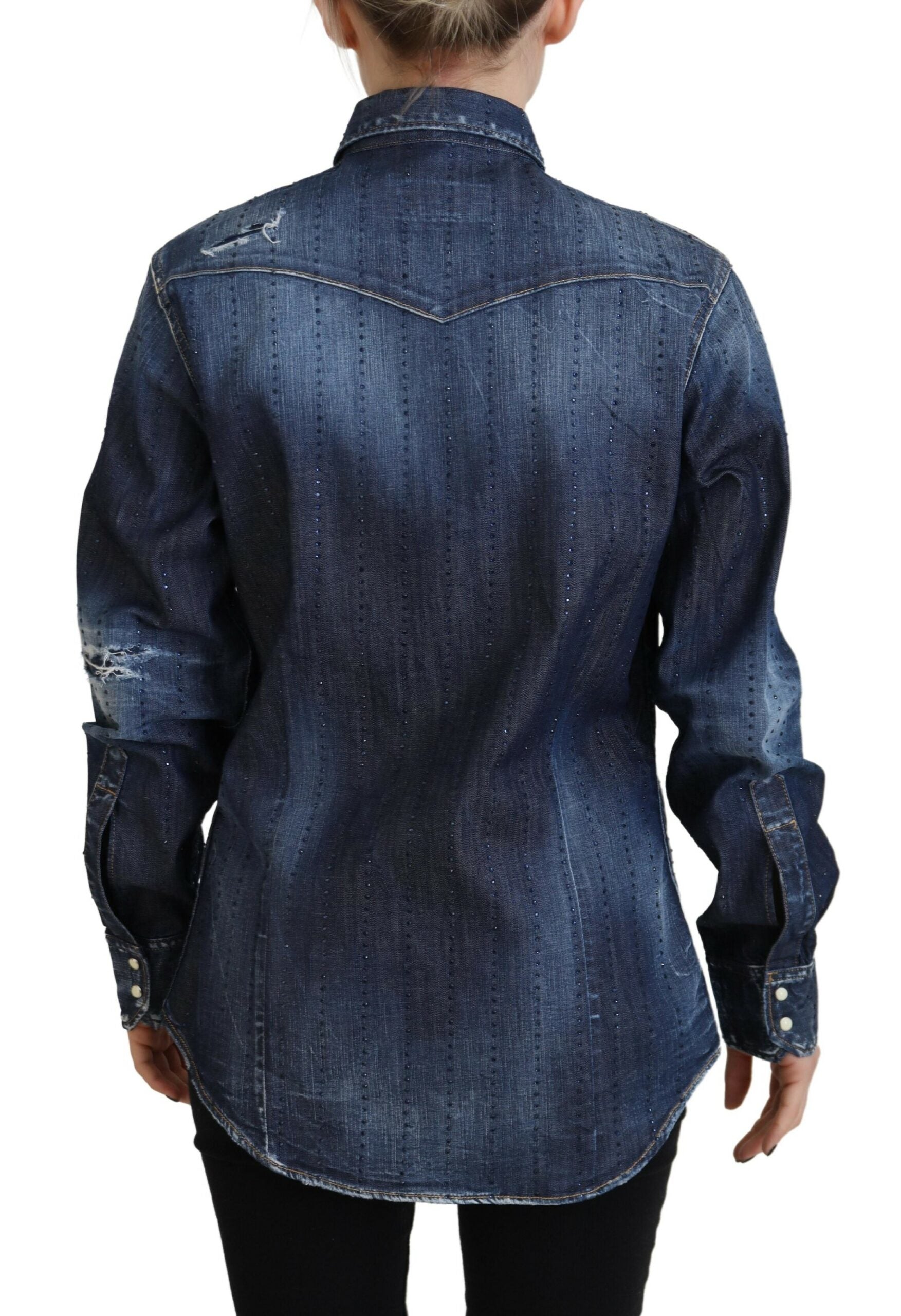 Haut en jean bleu délavé en coton à col boutonné
