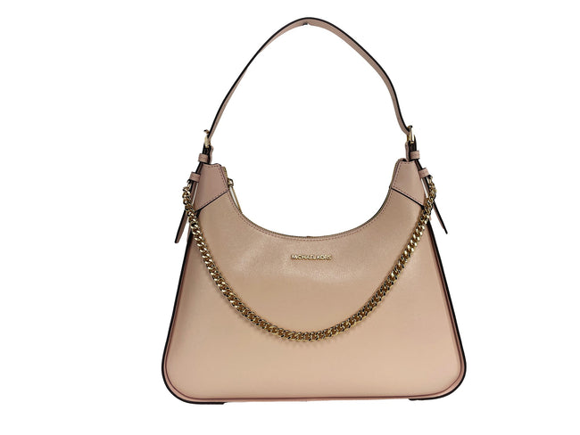 Wilma Large Smooth Leather Chain Shoulder Bag Purse Powder BlushStyle: Michael Kors Wilma Large Chain Shoulder Bag (Powder Blush) Material: Smooth Leather Features: Inner Pocket, Zip Closure, Chain Accent, Lined Measures: 36.83 cm L x 30.48 cm H x 10.16 c