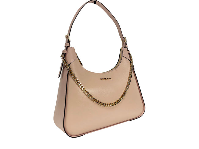 Wilma Large Smooth Leather Chain Shoulder Bag Purse Powder BlushStyle: Michael Kors Wilma Large Chain Shoulder Bag (Powder Blush) Material: Smooth Leather Features: Inner Pocket, Zip Closure, Chain Accent, Lined Measures: 36.83 cm L x 30.48 cm H x 10.16 c