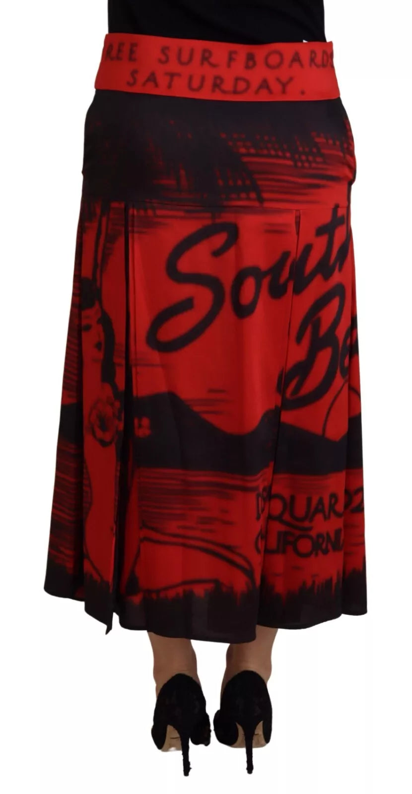 Jupe midi plissée trapèze rouge imprimée à taille haute