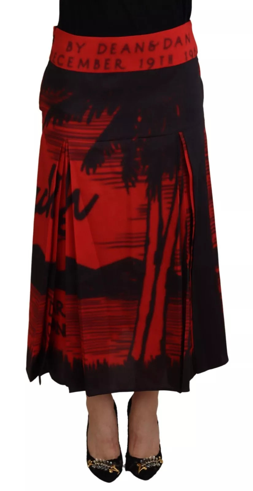 Jupe midi plissée trapèze rouge imprimée à taille haute