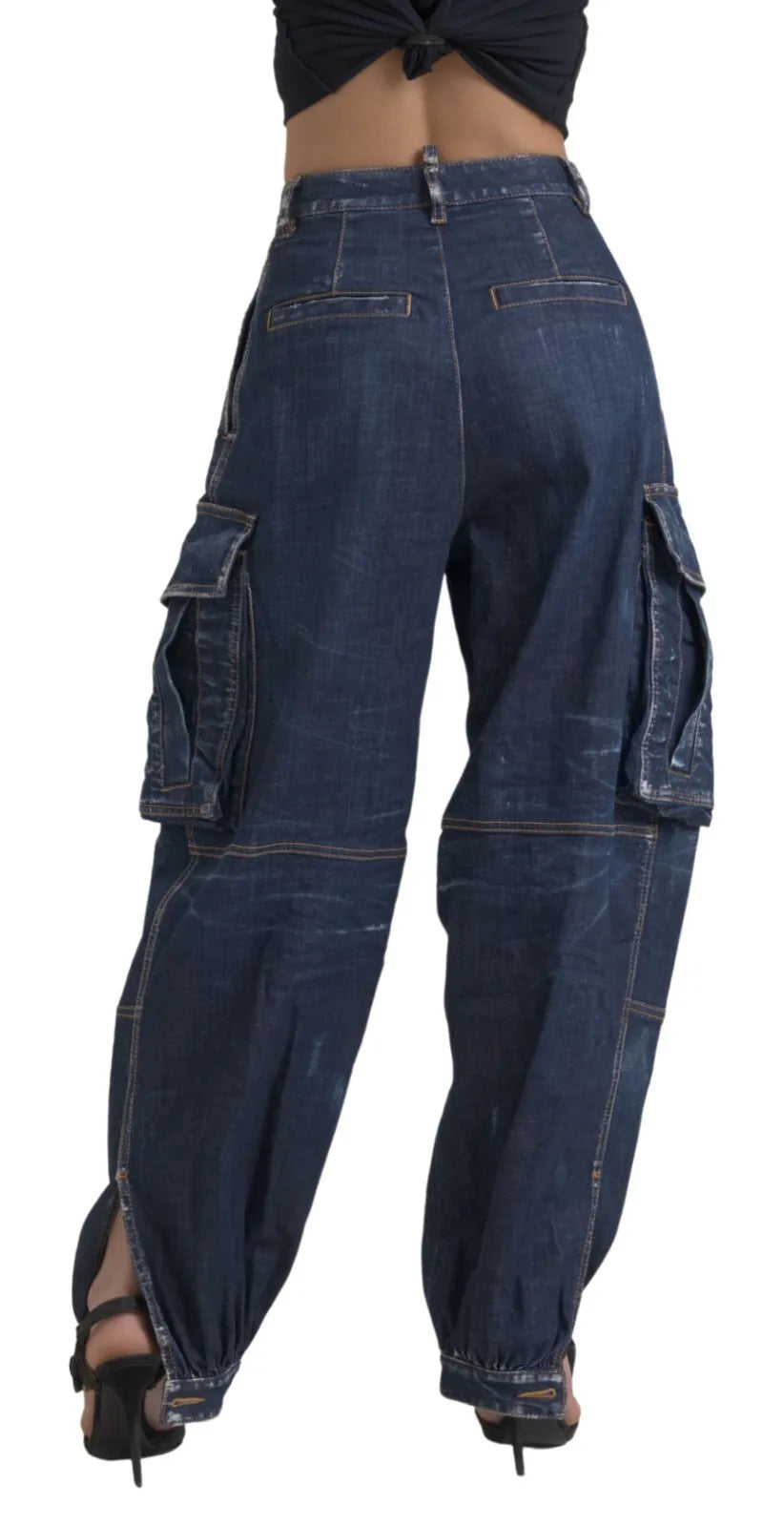 Jean cargo baggy en coton bleu taille haute