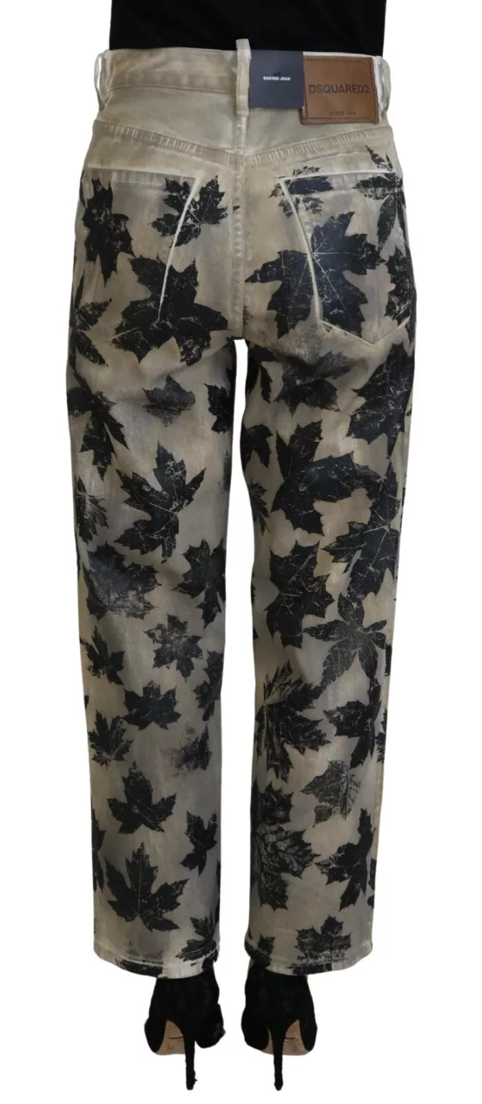 Beige Cotton High Waist Jeans with Leaf Detail